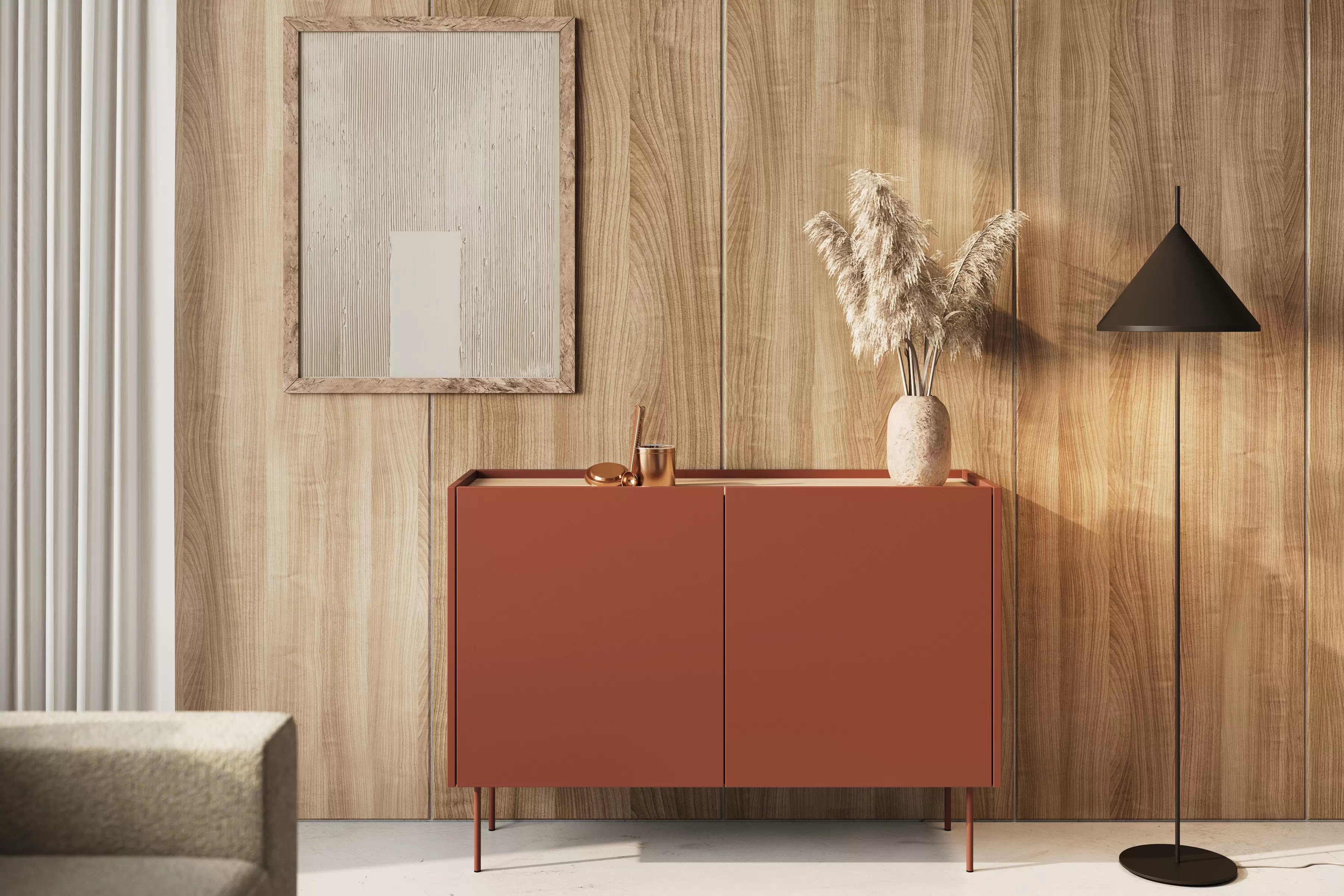 Komoda Desin 120 cm se dvěma skrytými zásuvkami - ceramic red / dub nagano Komoda Desin 120 cm z 2 ukrytymi zásuvkami i metalowymi nogami- Červený / ceramic red / dub nagano