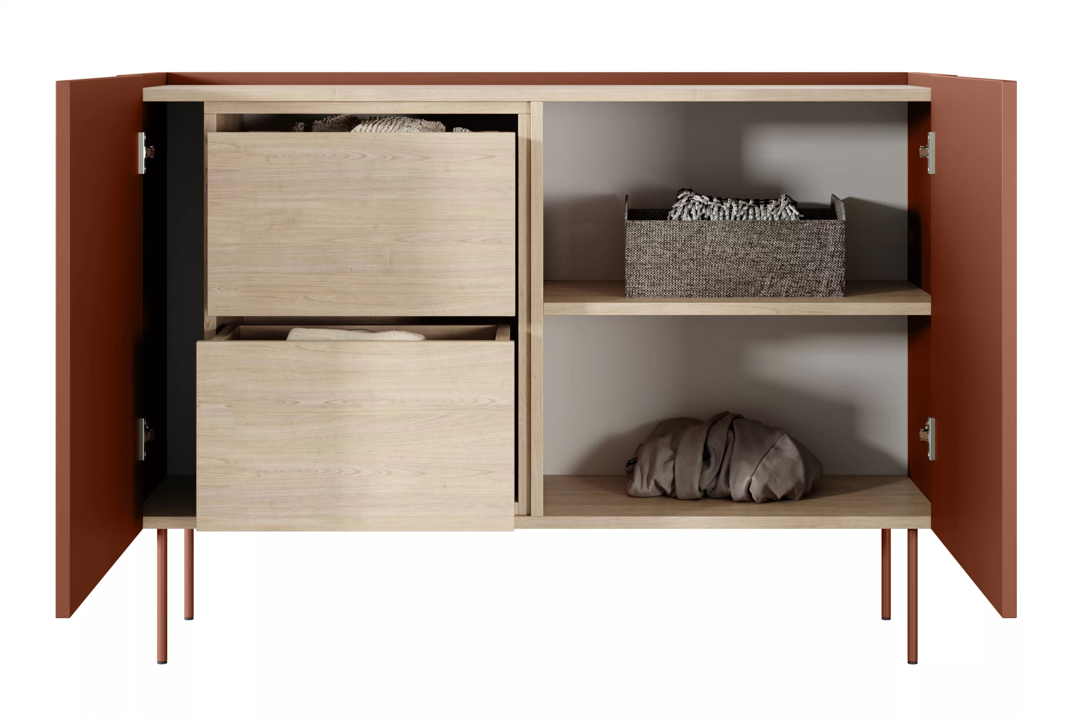 Komoda Desin 120 cm se dvěma skrytými zásuvkami - ceramic red / dub nagano Komoda Desin 120 cm z 2 ukrytymi zásuvkami i metalowymi nogami- Červený / ceramic red / dub nagano