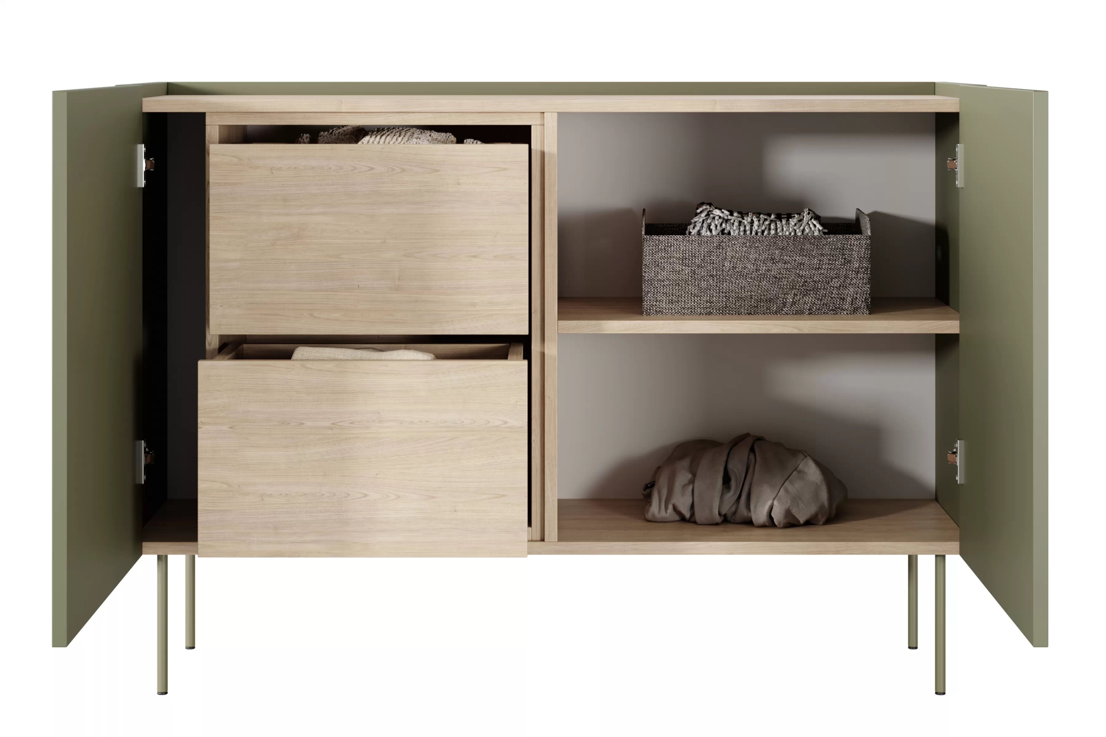 Komoda Desin 120 cm se dvěma skrytými zásuvkami - olivová / dub nagano Komoda Desin 120 cm z 2 ukrytymi zásuvkami i metalowymi nogami- olivová / dub nagano