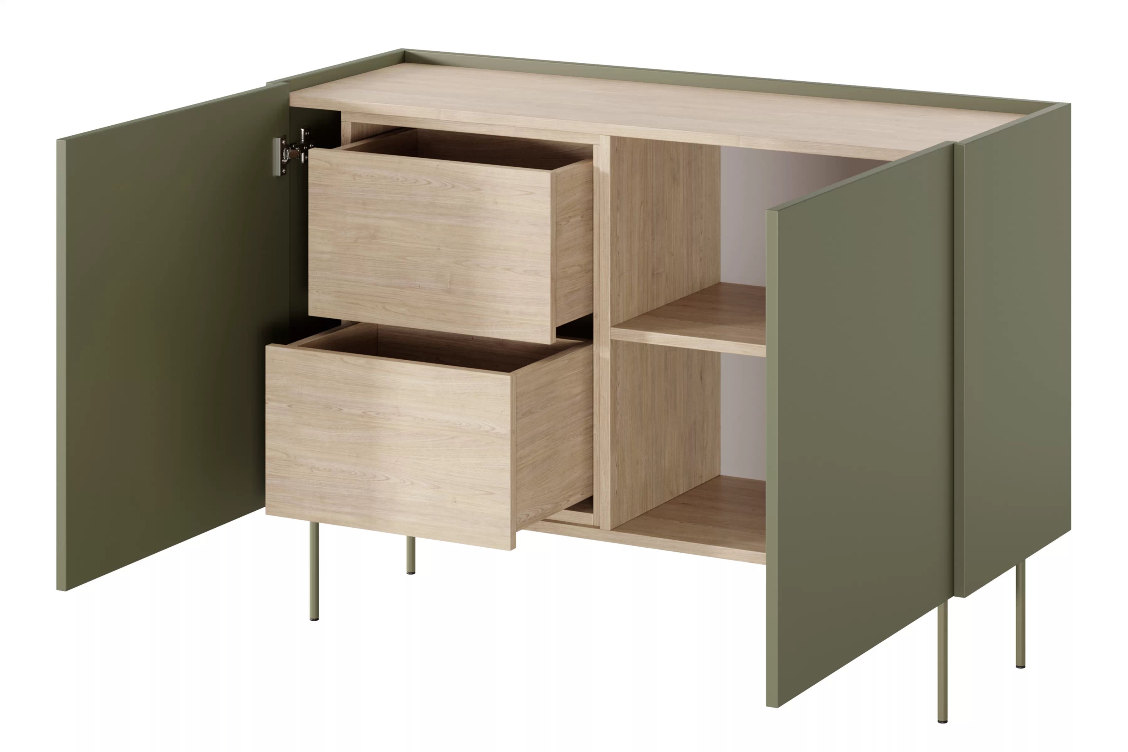 Komoda Desin 120 cm se dvěma skrytými zásuvkami - olivová / dub nagano Komoda Desin 120 cm z 2 ukrytymi zásuvkami i metalowymi nogami- olivová / dub nagano