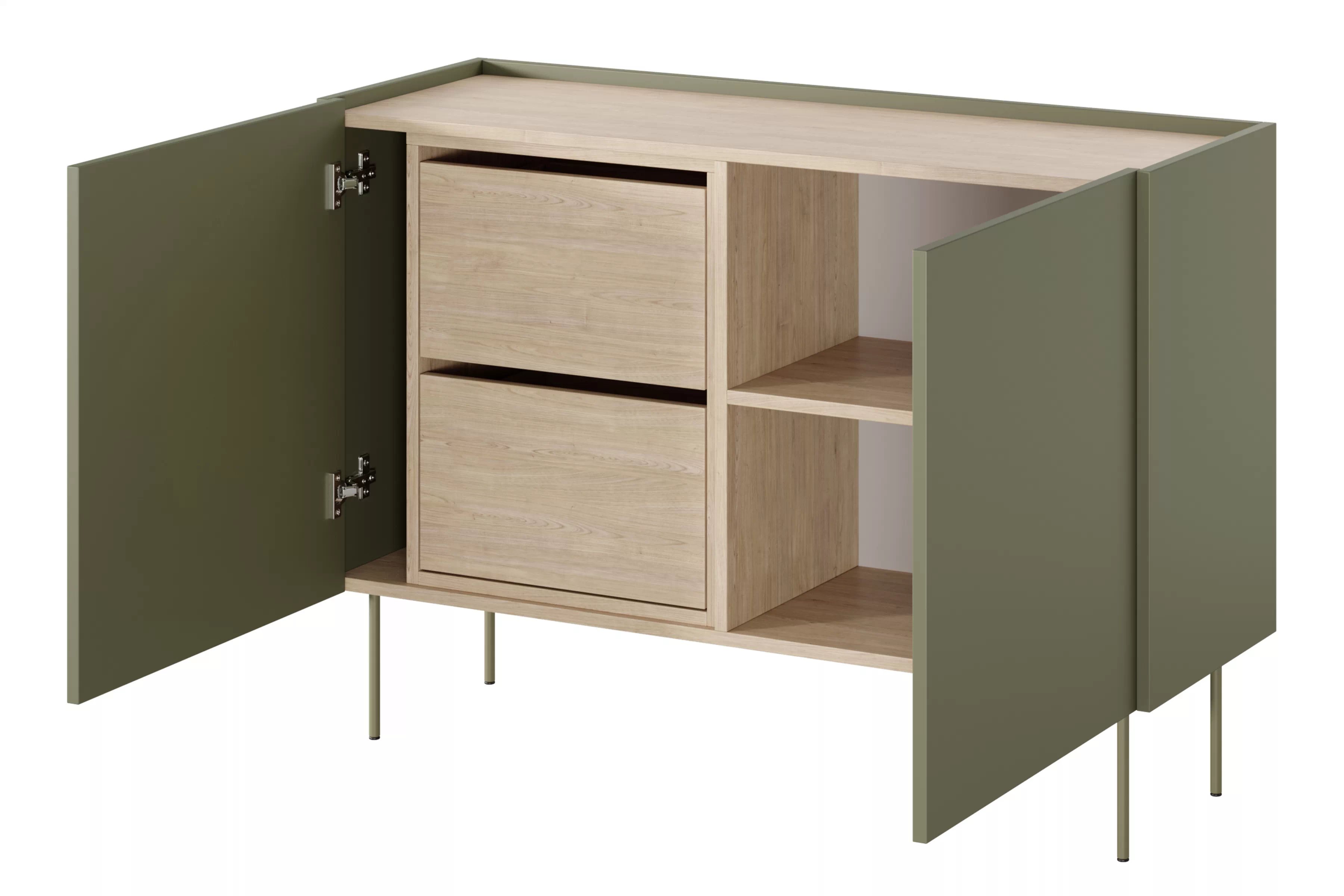 Komoda Desin 120 cm se dvěma skrytými zásuvkami - olivová / dub nagano Komoda Desin 120 cm z 2 ukrytymi zásuvkami i metalowymi nogami- olivová / dub nagano