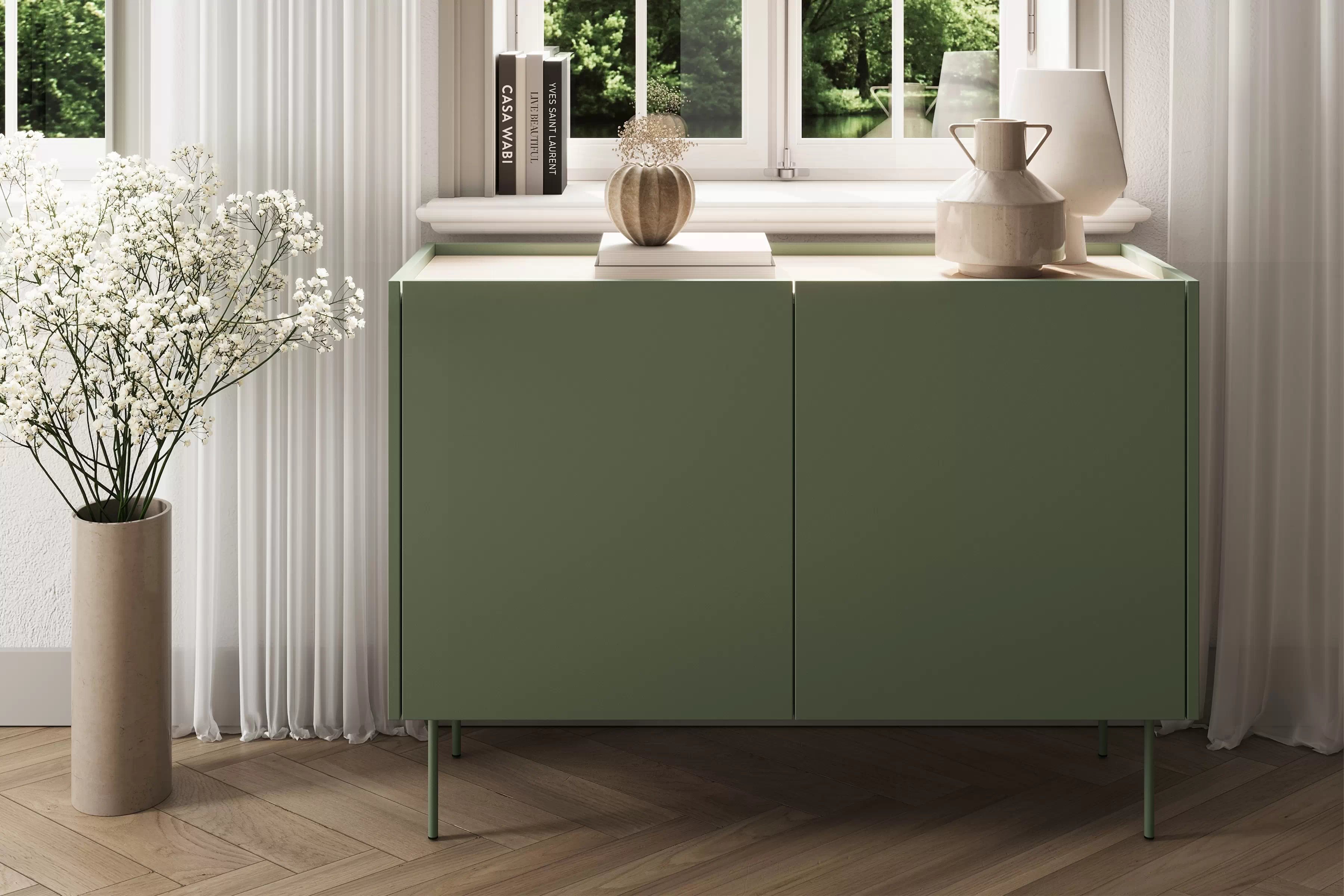 Komoda Desin 120 cm se dvěma skrytými zásuvkami - olivová / dub nagano Komoda Desin 120 cm z 2 ukrytymi zásuvkami i metalowymi nogami- olivová / dub nagano