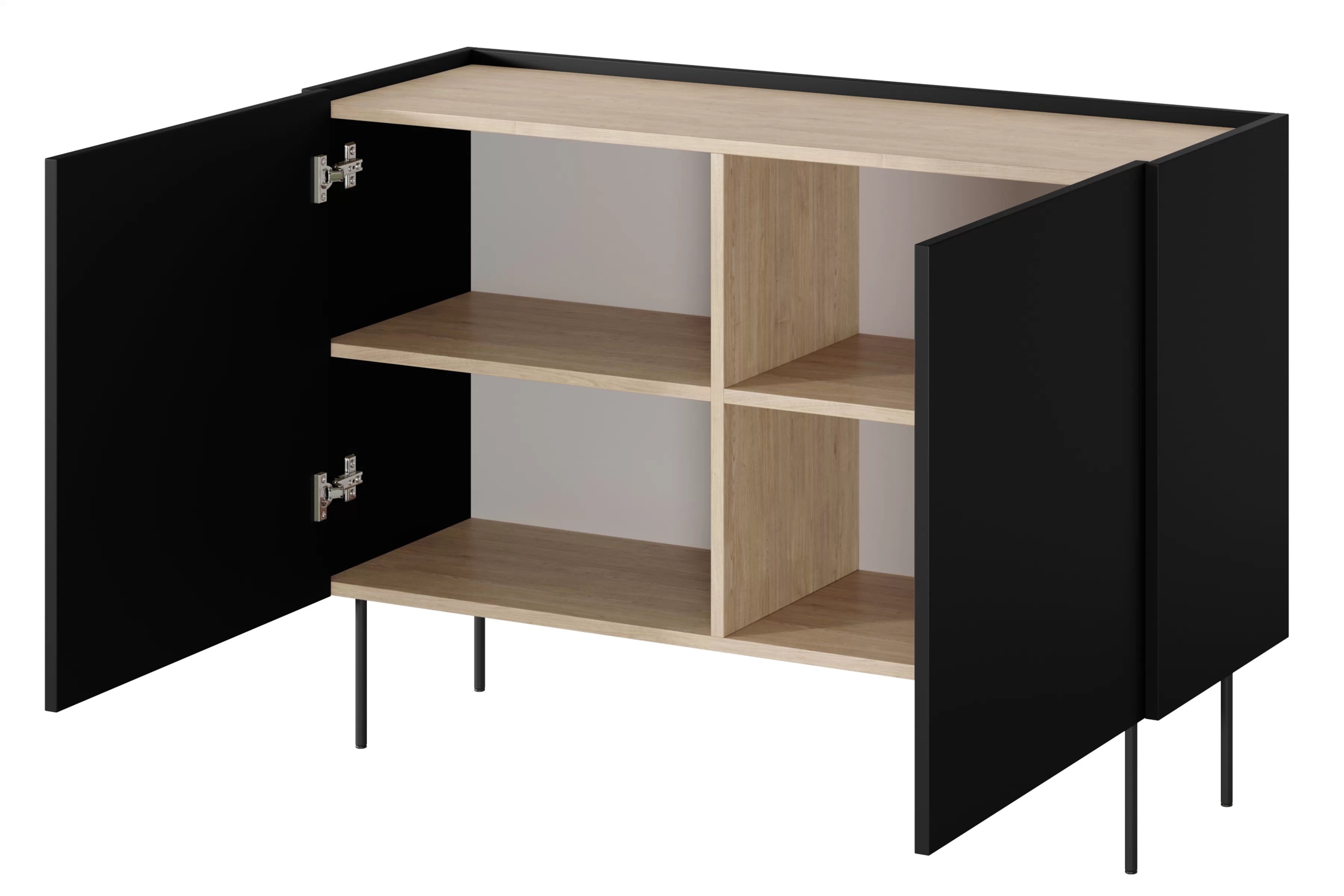 Komoda Desin 120 cm s kovovými nohami - černý mat / dub nagano Komoda Desin 120 cm z metalowymi nogami - černá mat / dub nagano