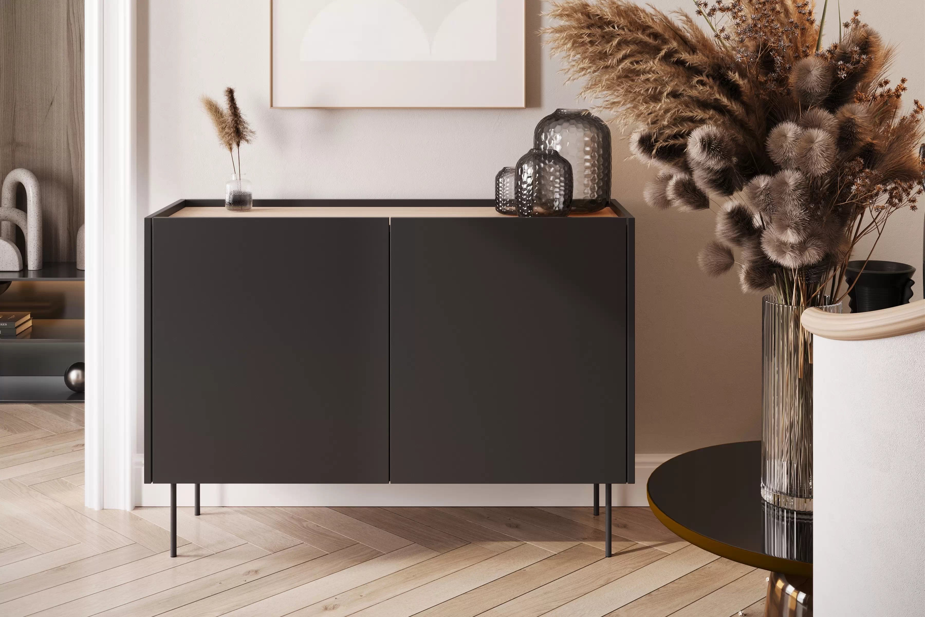 Komoda Desin 120 cm s kovovými nohami - černý mat / dub nagano Komoda Desin 120 cm z metalowymi nogami - černá mat / dub nagano