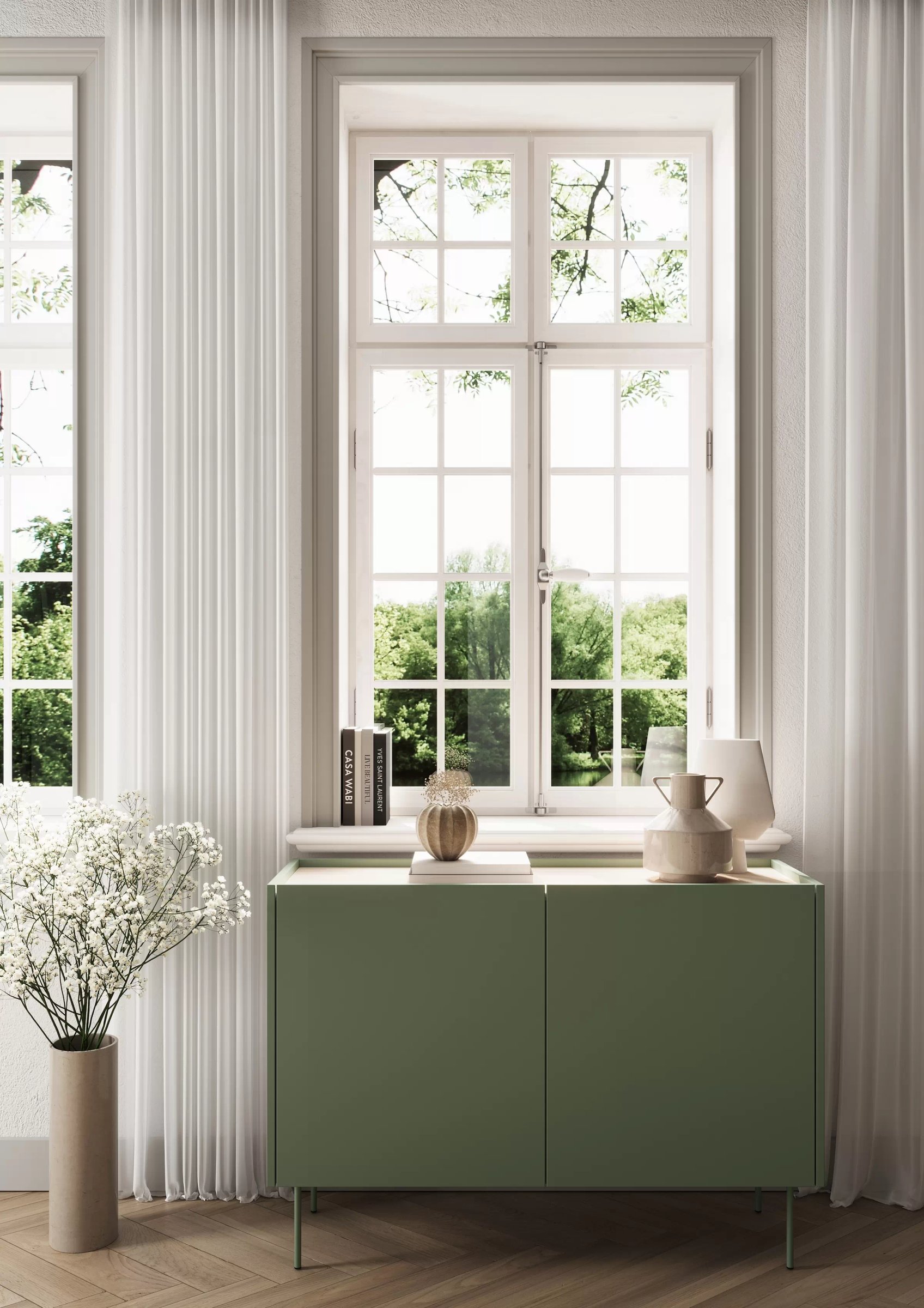 Komoda Desin 120 cm s kovovými nohami - olivová / dub nagano Komoda Desin 120 cm z metalowymi nogami - Oliva / Dub nagano