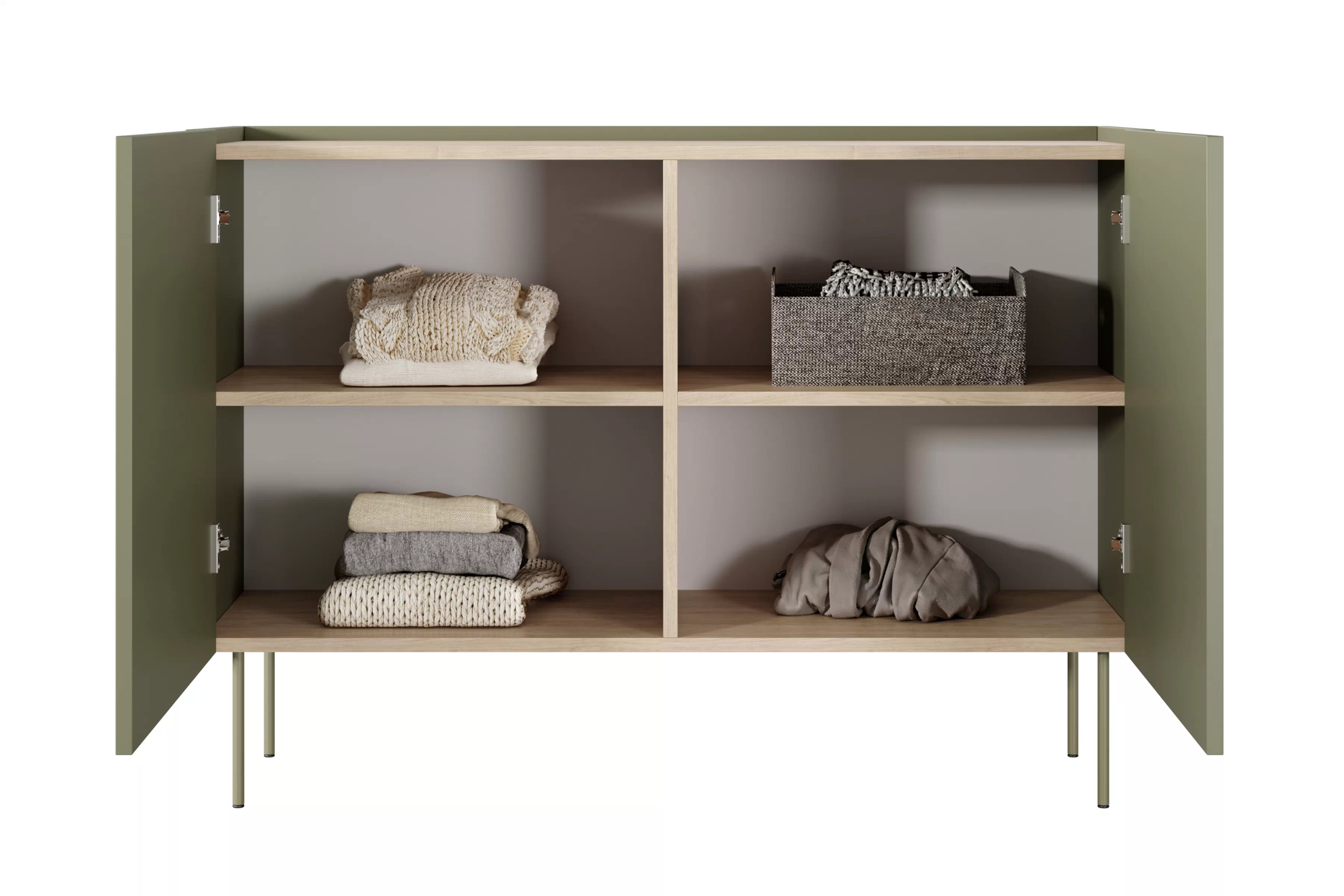 Komoda Desin 120 cm s kovovými nohami - olivová / dub nagano Komoda Desin 120 cm z metalowymi nogami - Oliva / Dub nagano