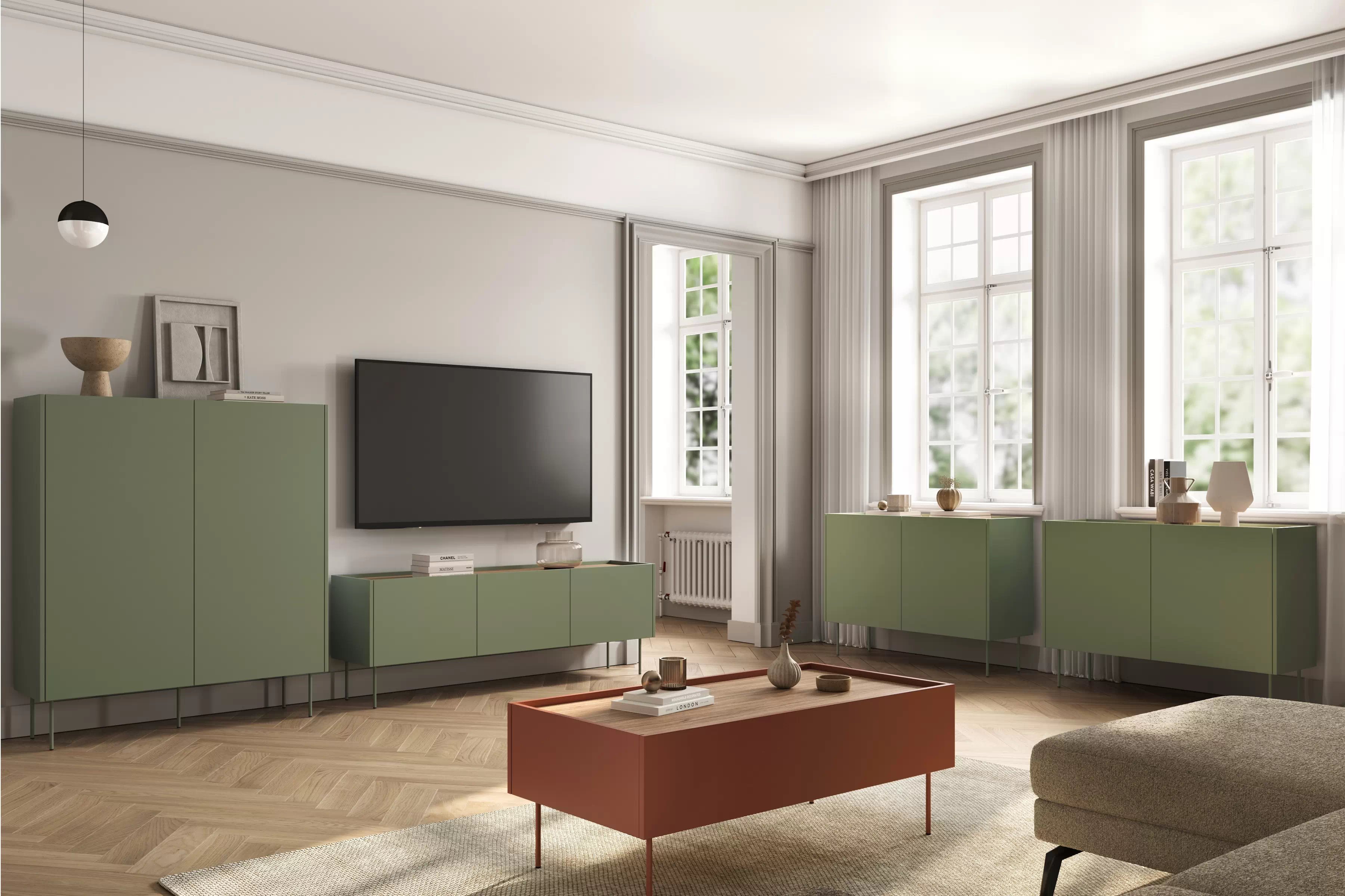 Komoda Desin 120 cm s kovovými nohami - olivová / dub nagano Komoda Desin 120 cm z metalowymi nogami - Oliva / Dub nagano