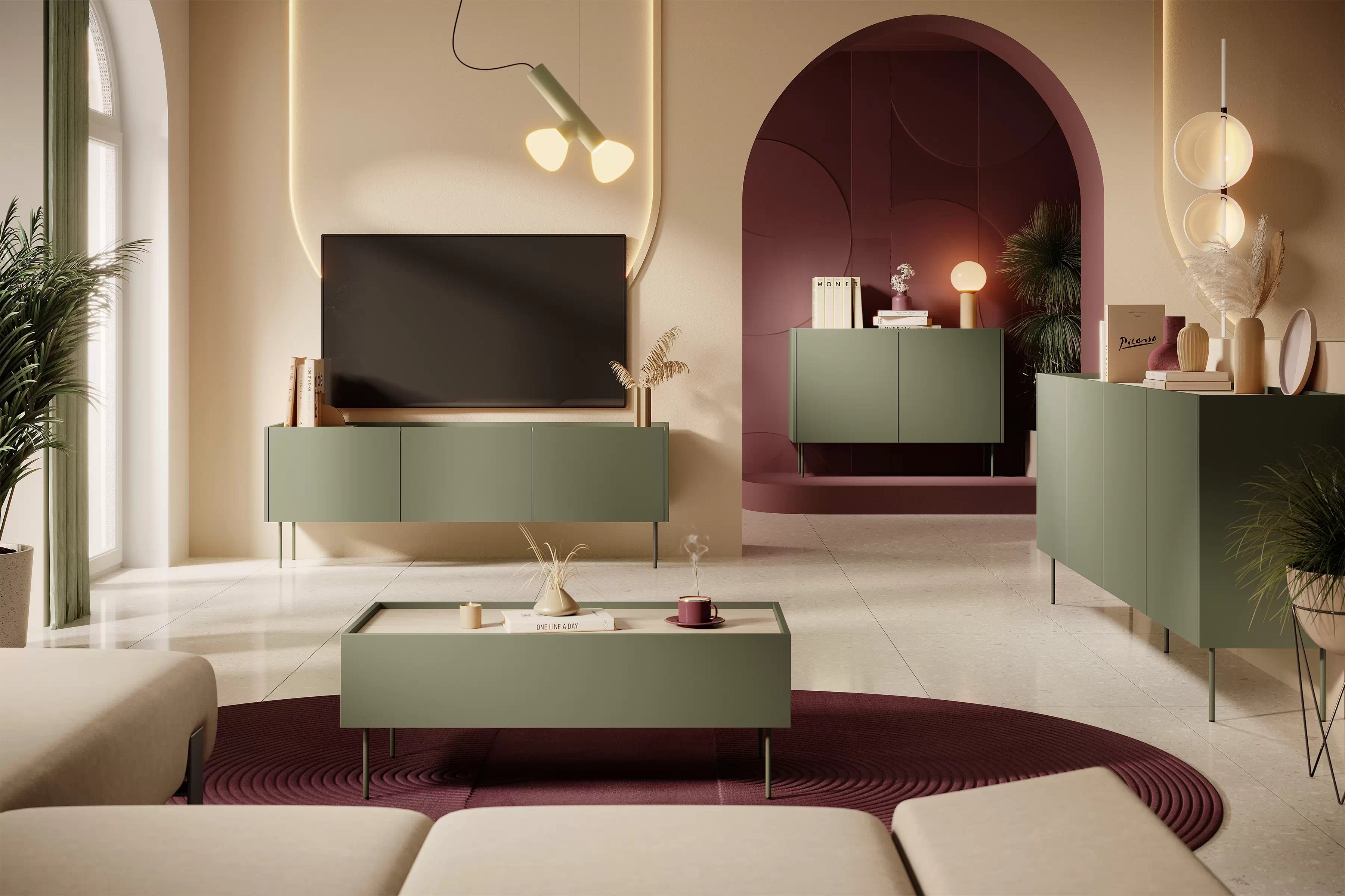 Komoda Desin 120 cm s kovovými nohami - olivová / dub nagano Komoda Desin 120 cm z metalowymi nogami - Oliva / Dub nagano