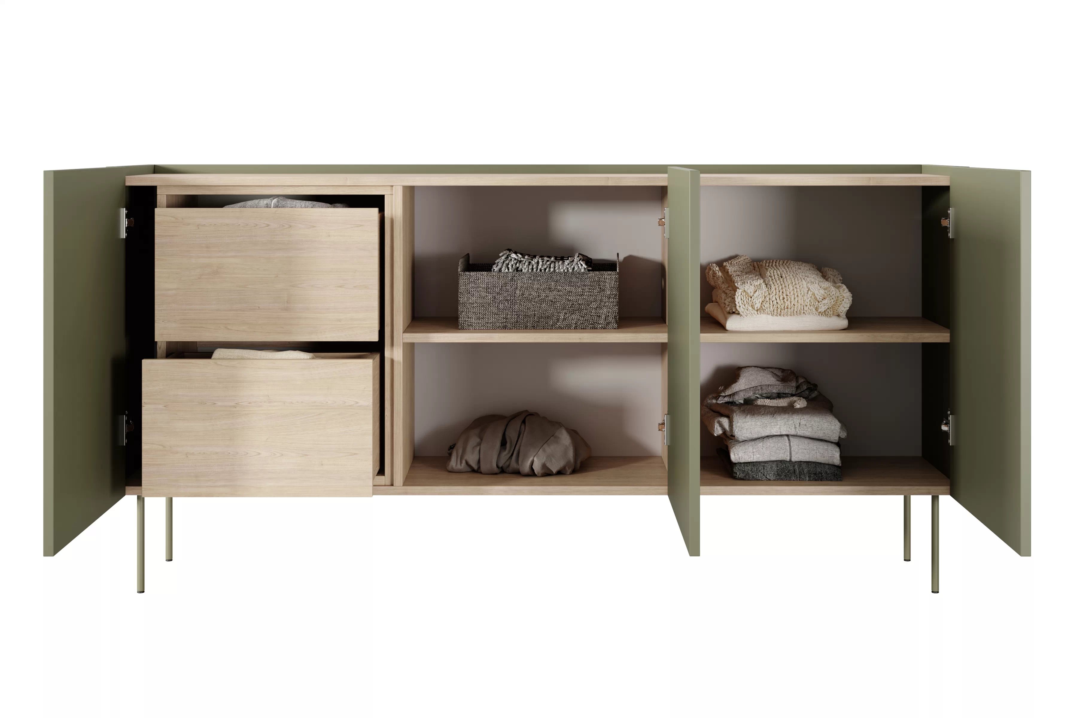 Komoda Desin 170 cm se dvěma skrytými zásuvkami - olivová / dub nagano Komoda Desin 170 cm z 2 ukrytymi zásuvkami i metalowymi nogami - olivová / dub nagano