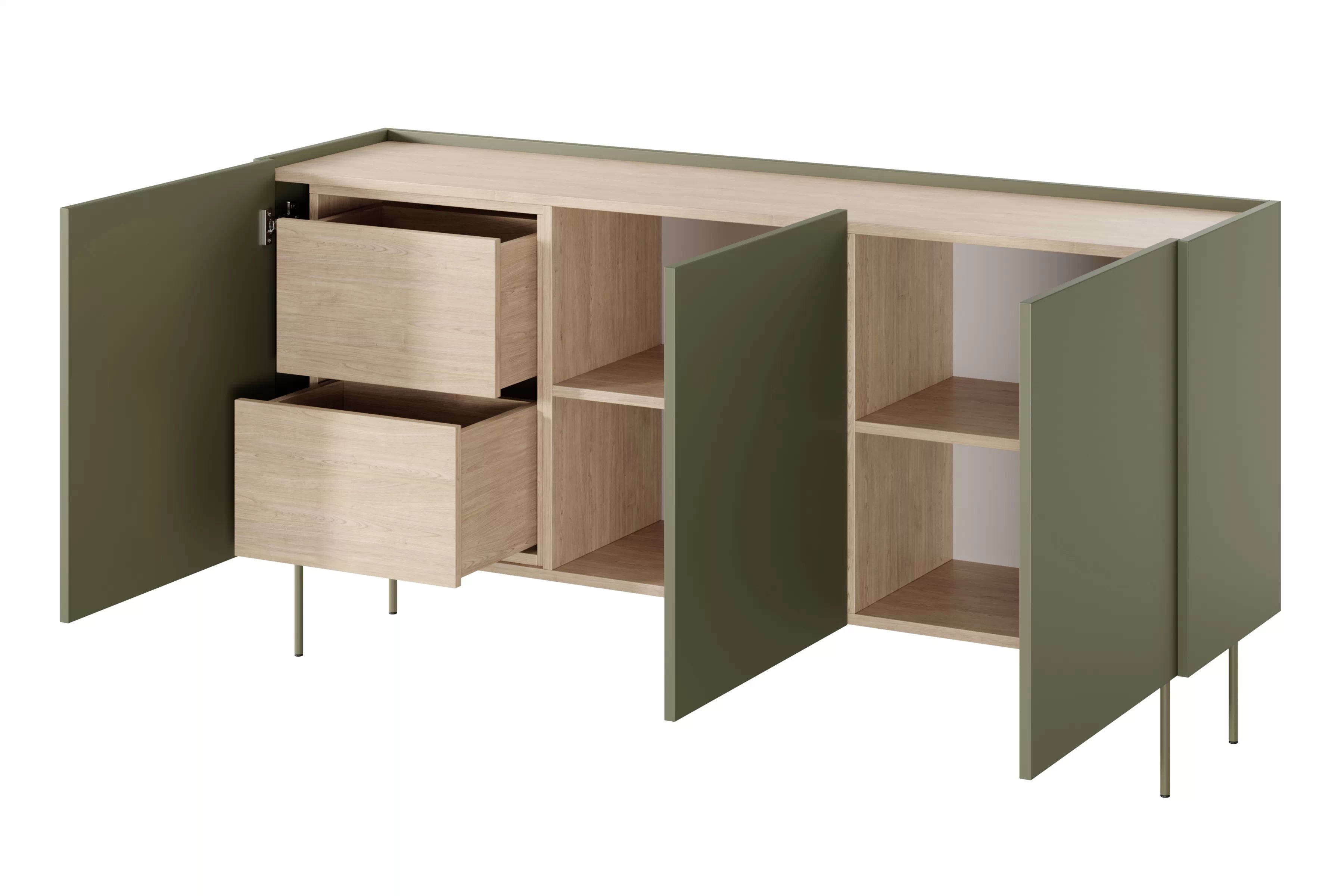 Komoda Desin 170 cm se dvěma skrytými zásuvkami - olivová / dub nagano Komoda Desin 170 cm z 2 ukrytymi zásuvkami i metalowymi nogami - olivová / dub nagano