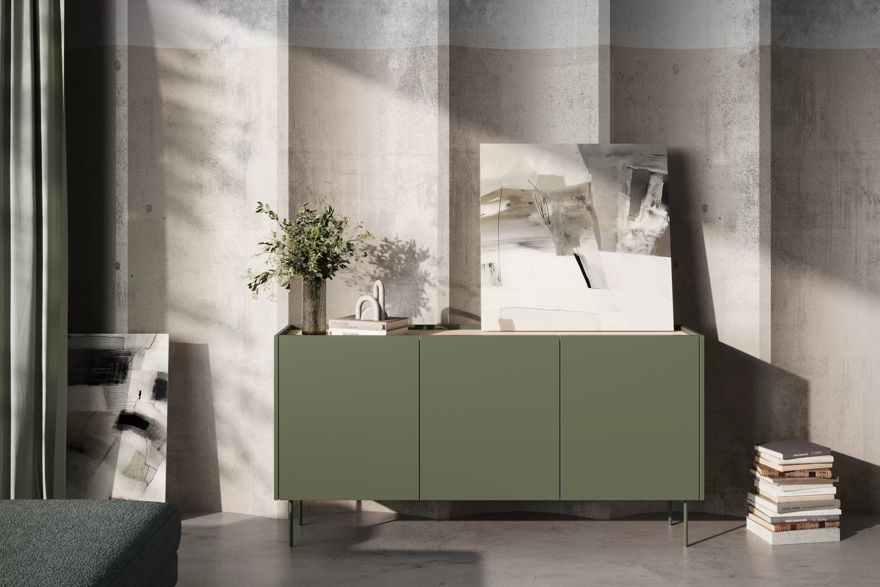 Komoda Desin 170 cm se dvěma skrytými zásuvkami - olivová / dub nagano Komoda Desin 170 cm z 2 ukrytymi zásuvkami i metalowymi nogami - olivová / dub nagano