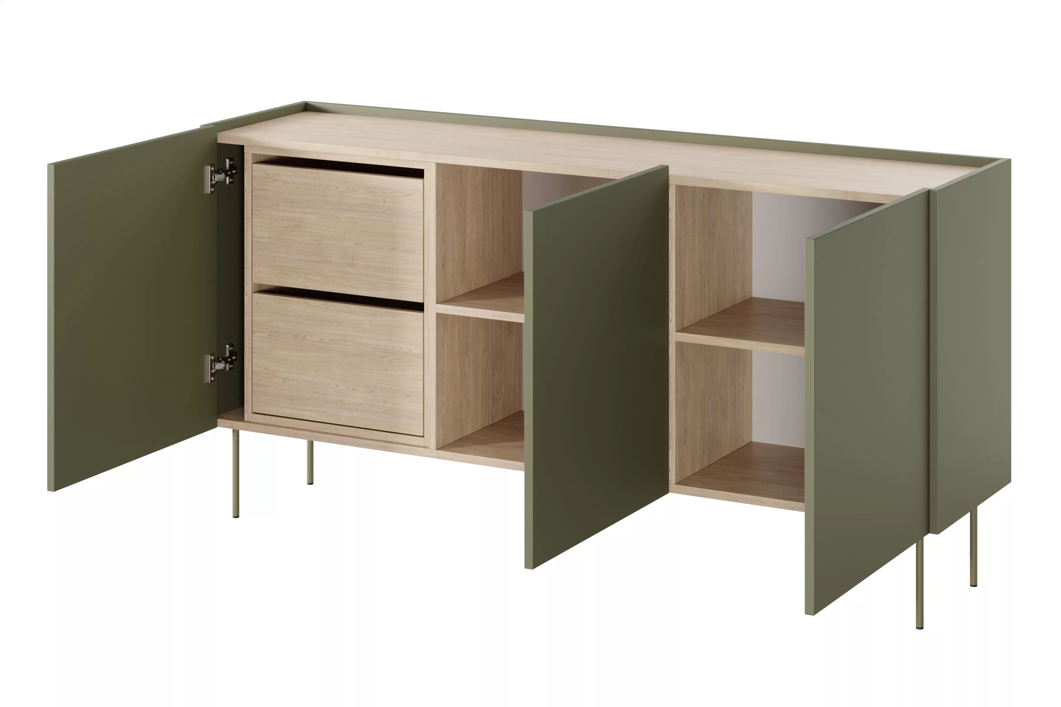 Komoda Desin 170 cm se dvěma skrytými zásuvkami - olivová / dub nagano Komoda Desin 170 cm z 2 ukrytymi zásuvkami i metalowymi nogami - olivová / dub nagano
