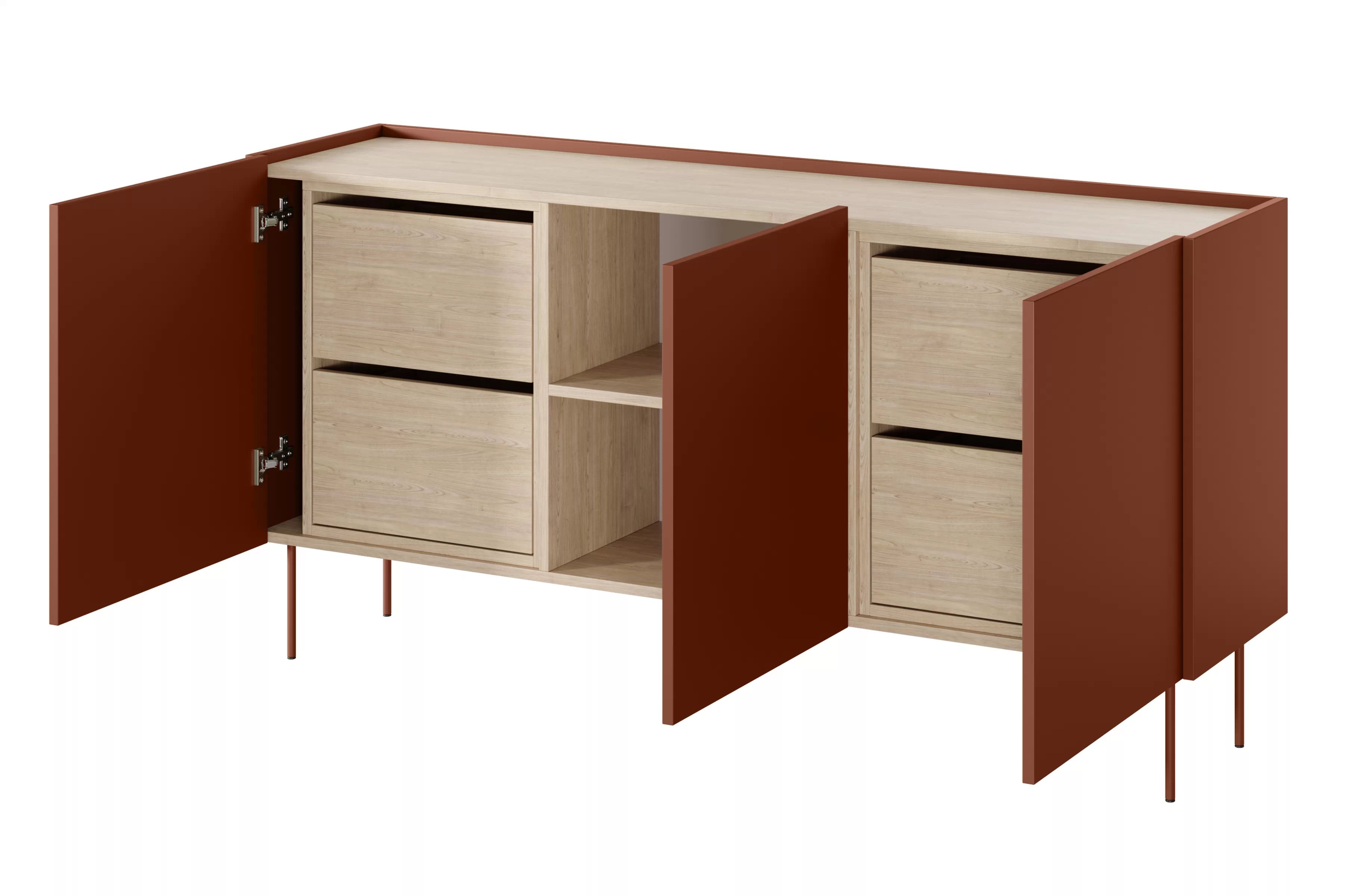 Komoda Desin 170 cm se čtyřmi skrytými zásuvkami - ceramic red / dub nagano Komoda Desin 170 cm z 4 ukrytymi zásuvkami i metalowymi nogami - Červený / ceramic red / dub nagano