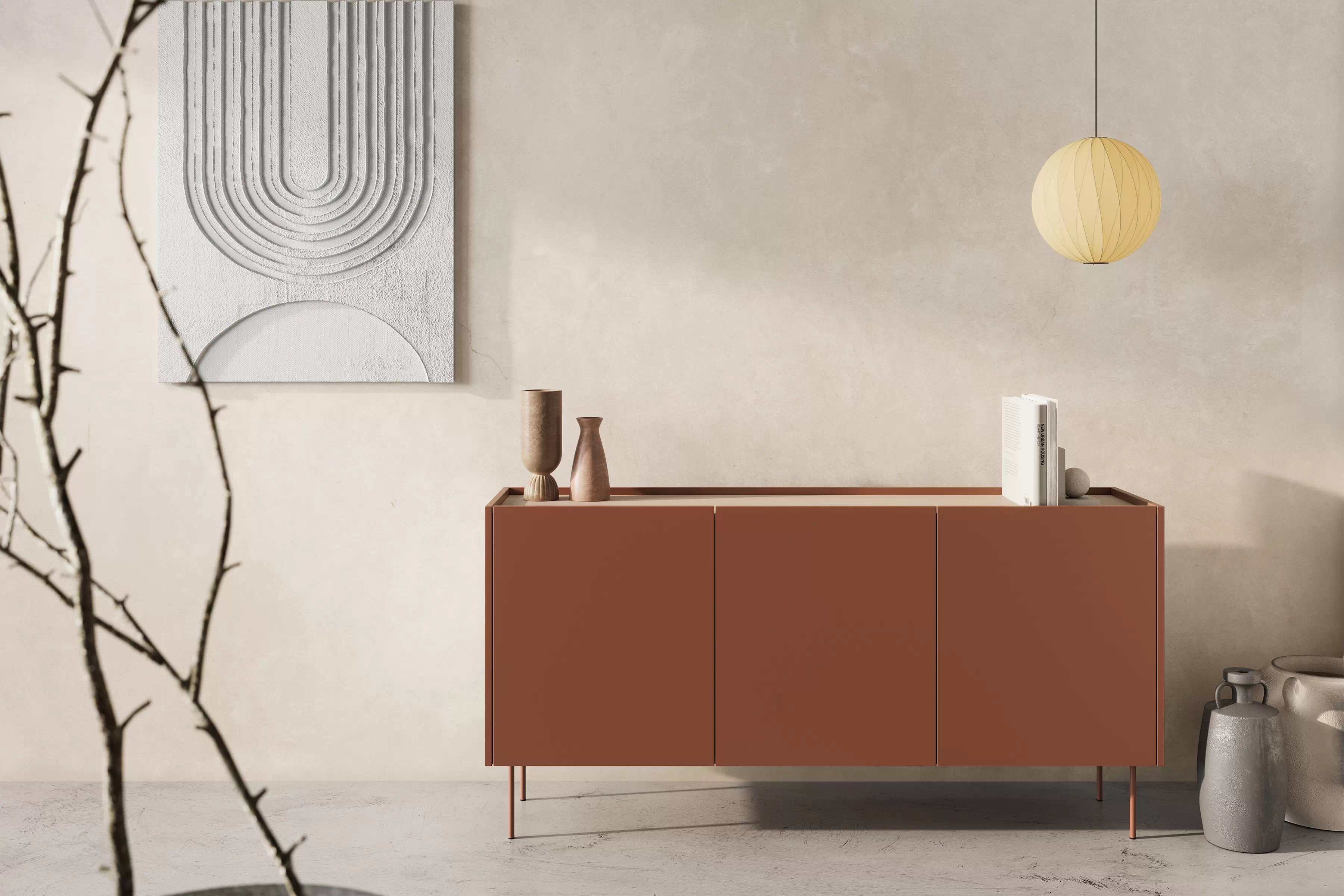 Komoda Desin 170 cm se čtyřmi skrytými zásuvkami - ceramic red / dub nagano Komoda Desin 170 cm z 4 ukrytymi zásuvkami i metalowymi nogami - Červený / ceramic red / dub nagano