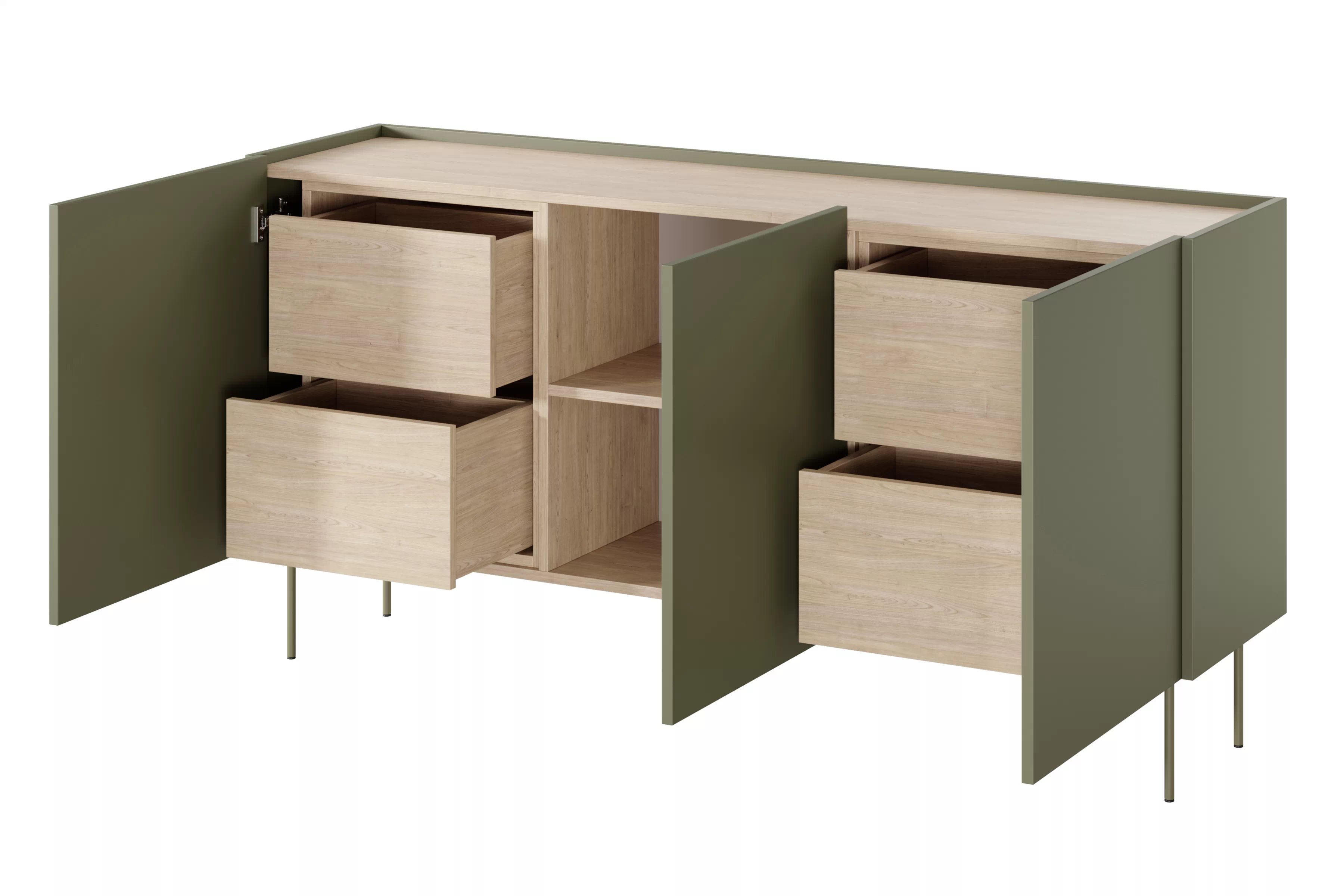 Komoda Desin 170 cm se čtyřmi skrytými zásuvkami - olivová / dub nagano Komoda Desin 170 cm z 4 ukrytymi zásuvkami i metalowymi nogami - olivová / dub nagano