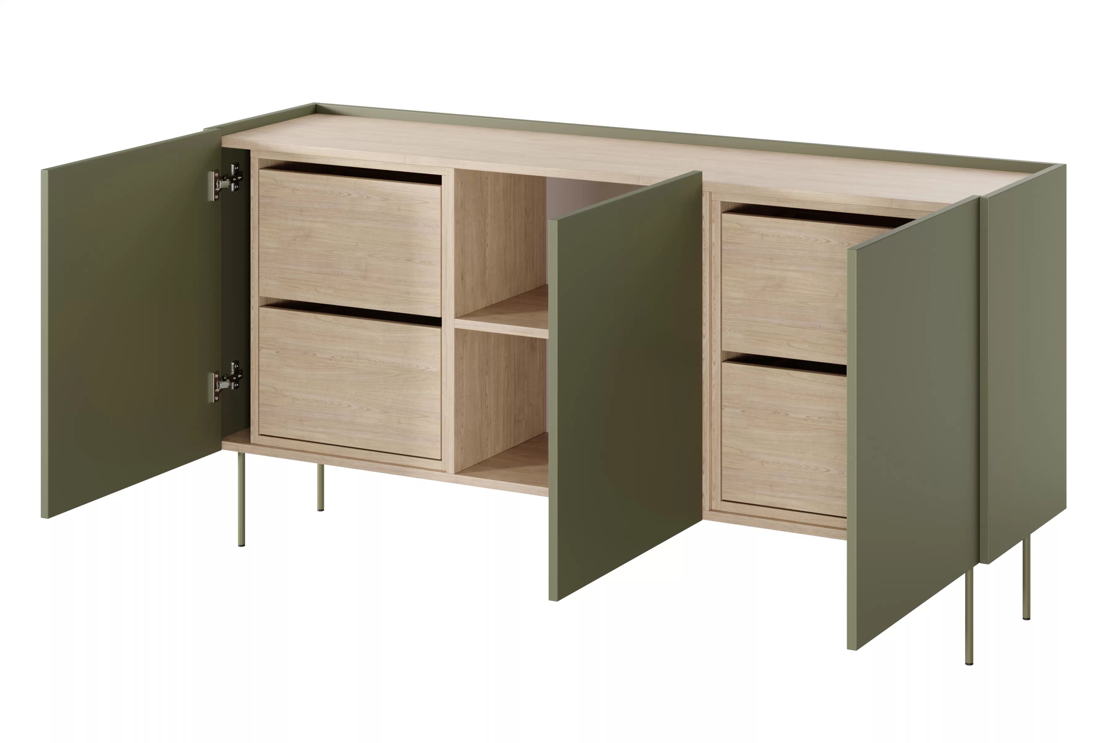 Komoda Desin 170 cm se čtyřmi skrytými zásuvkami - olivová / dub nagano Komoda Desin 170 cm z 4 ukrytymi zásuvkami i metalowymi nogami - olivová / dub nagano