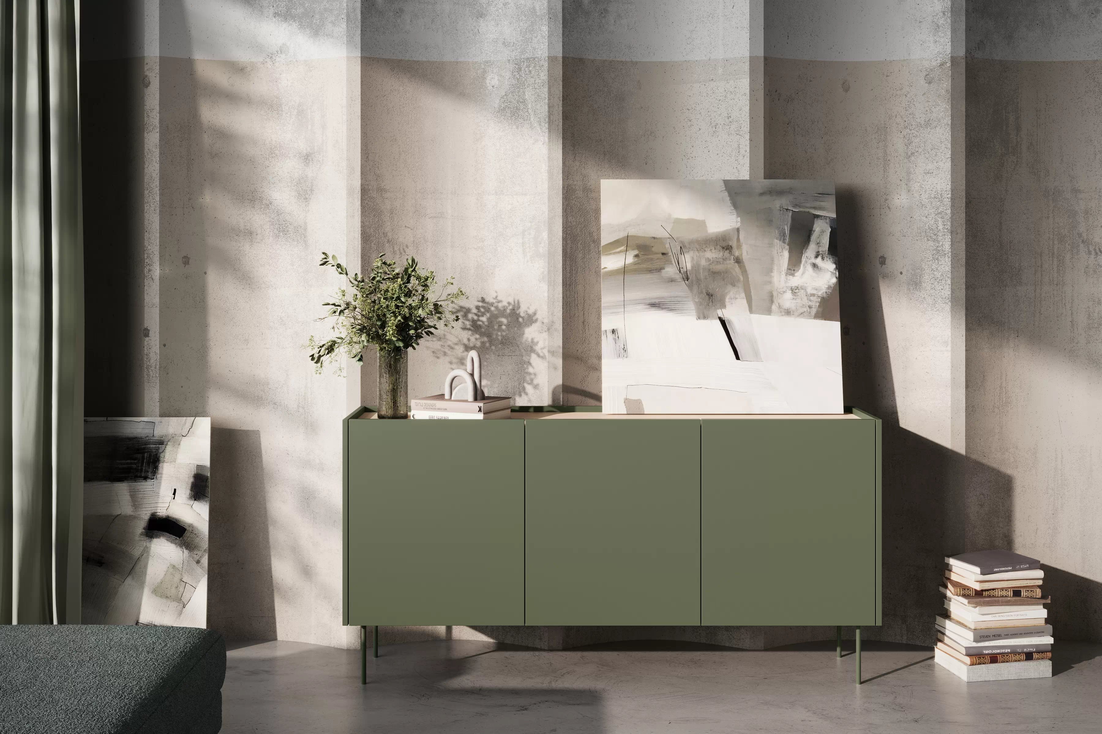 Komoda Desin 170 cm se čtyřmi skrytými zásuvkami - olivová / dub nagano Komoda Desin 170 cm z 4 ukrytymi zásuvkami i metalowymi nogami - olivová / dub nagano