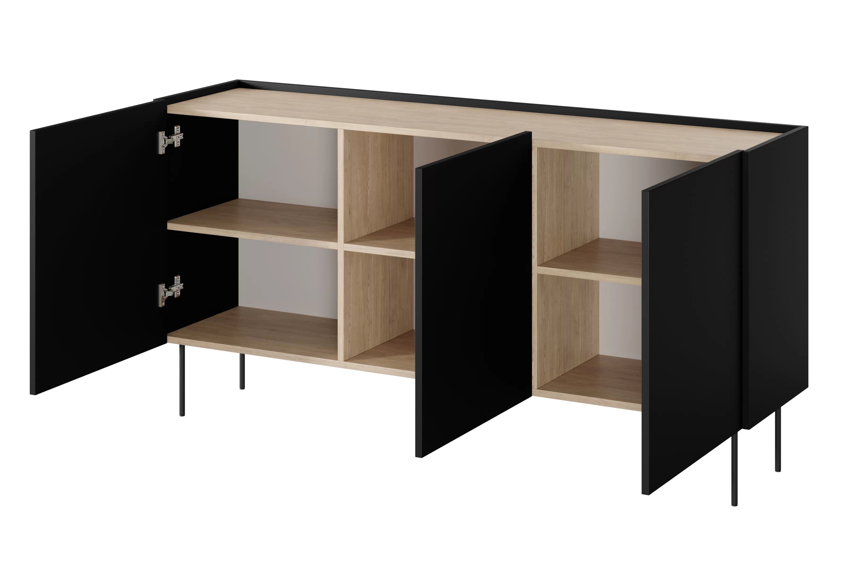 Komoda Desin 170 cm s kovovými nohami - černý mat / dub nagano Komoda Desin 170 cm z metalowymi nogami - černá mat / dub nagano