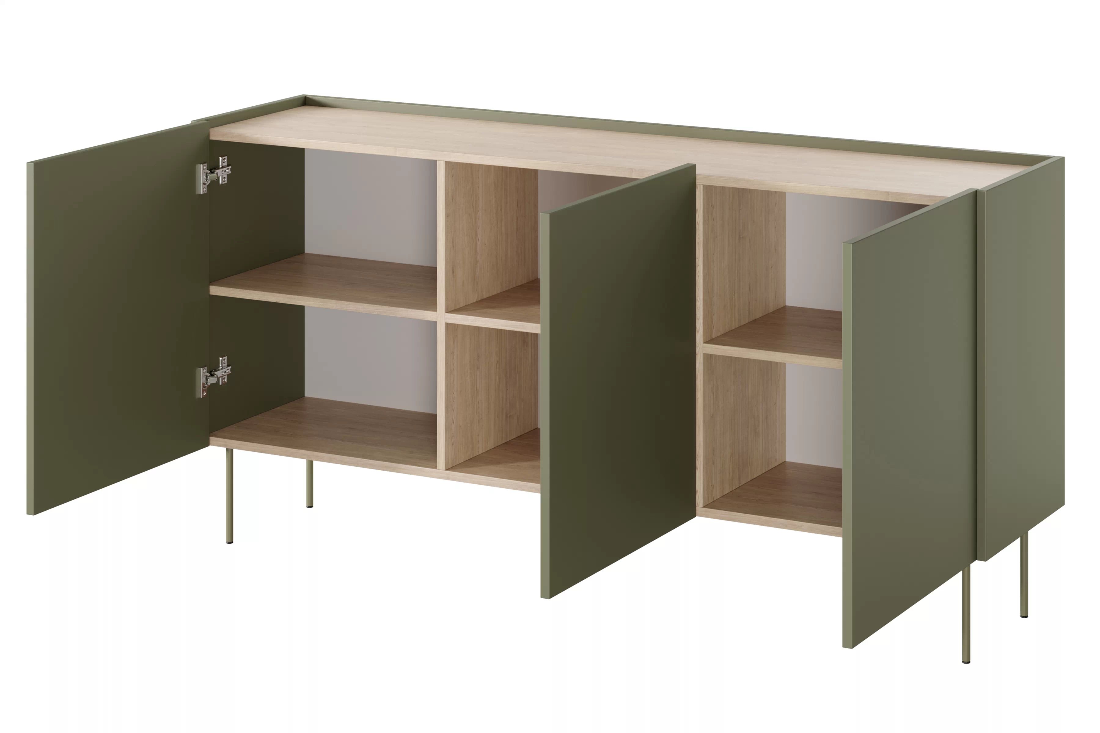 Komoda Desin 170 cm s kovovými nohami - olivová / dub nagano Komoda Desin 170 cm z metalowymi nogami - olivová / dub nagano