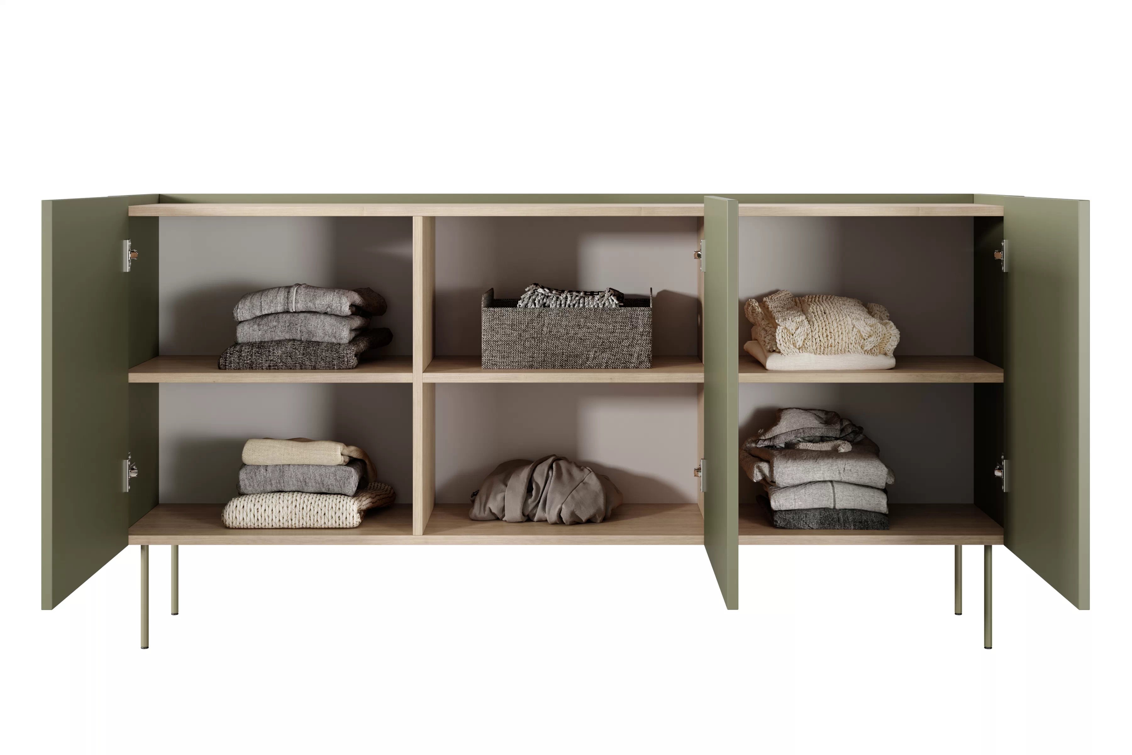 Komoda Desin 170 cm s kovovými nohami - olivová / dub nagano Komoda Desin 170 cm z metalowymi nogami - olivová / dub nagano