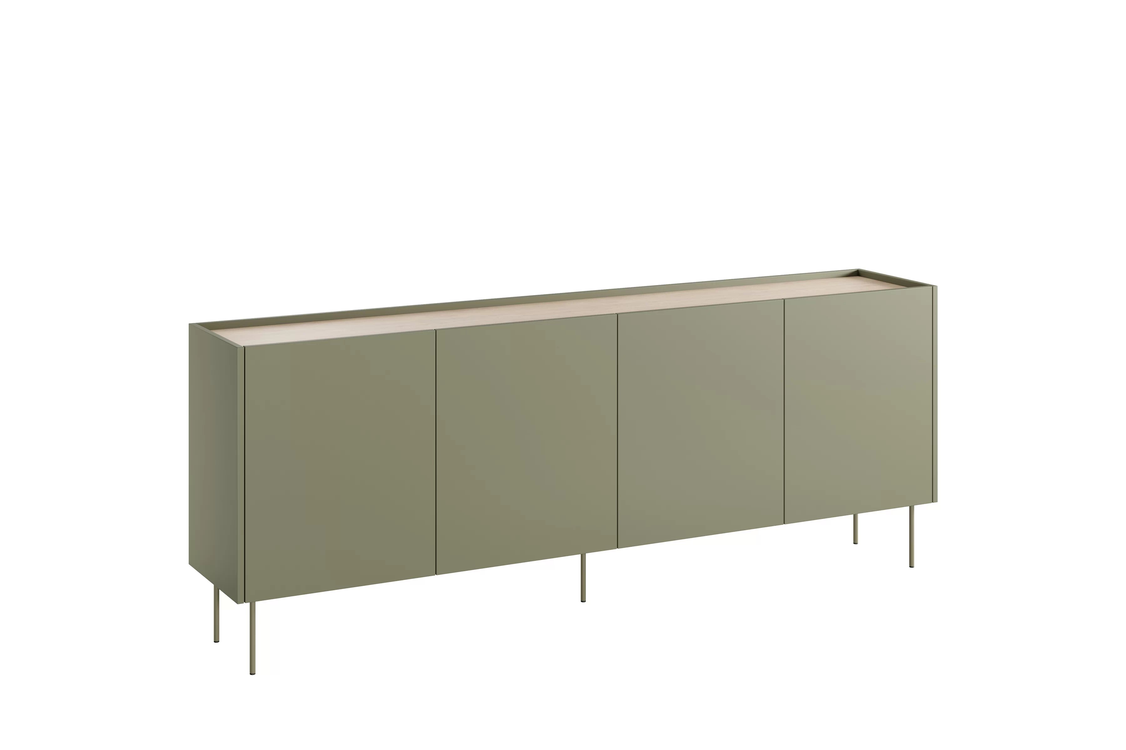 Štvor dverová komoda Desin 220 cm so štyrmi skrytými zásuvkami - olivový / dub nagano Komoda Desin 220 cm štvordverová z czterema ukrytymi zásuvkami - Oliva / Dub nagano