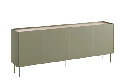 Moderní komoda Desin 220 cm čtyřdveřová se dvěma skrytými zásuvkami - olivová / dub nagano