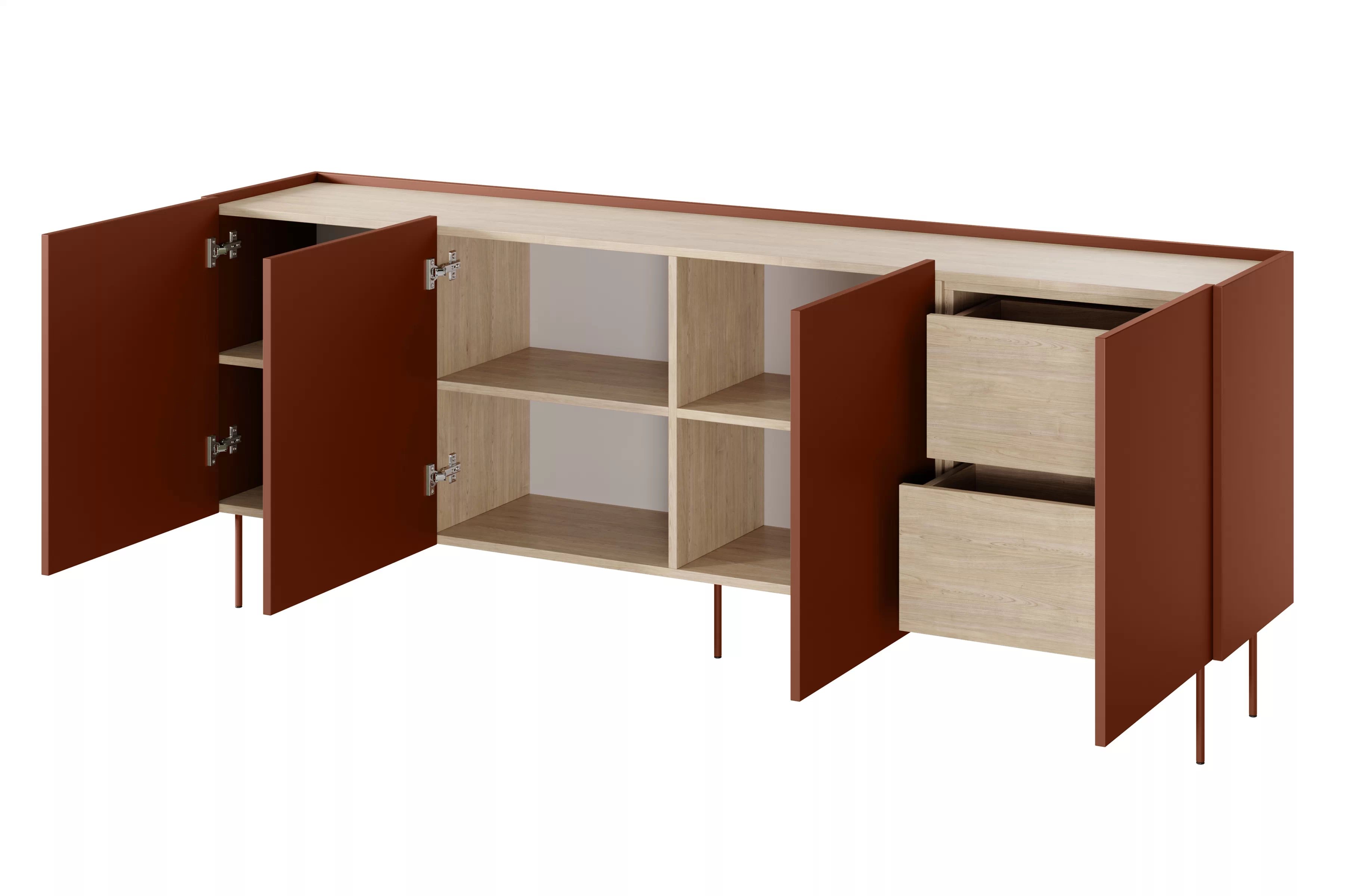 Komoda Desin 220 cm se dvěma skrytými zásuvkami - ceramic red / dub nagano Komoda Desin 220 cm z 2 ukrytymi zásuvkami i metalowymi nogami - ceramic red / dub nagano