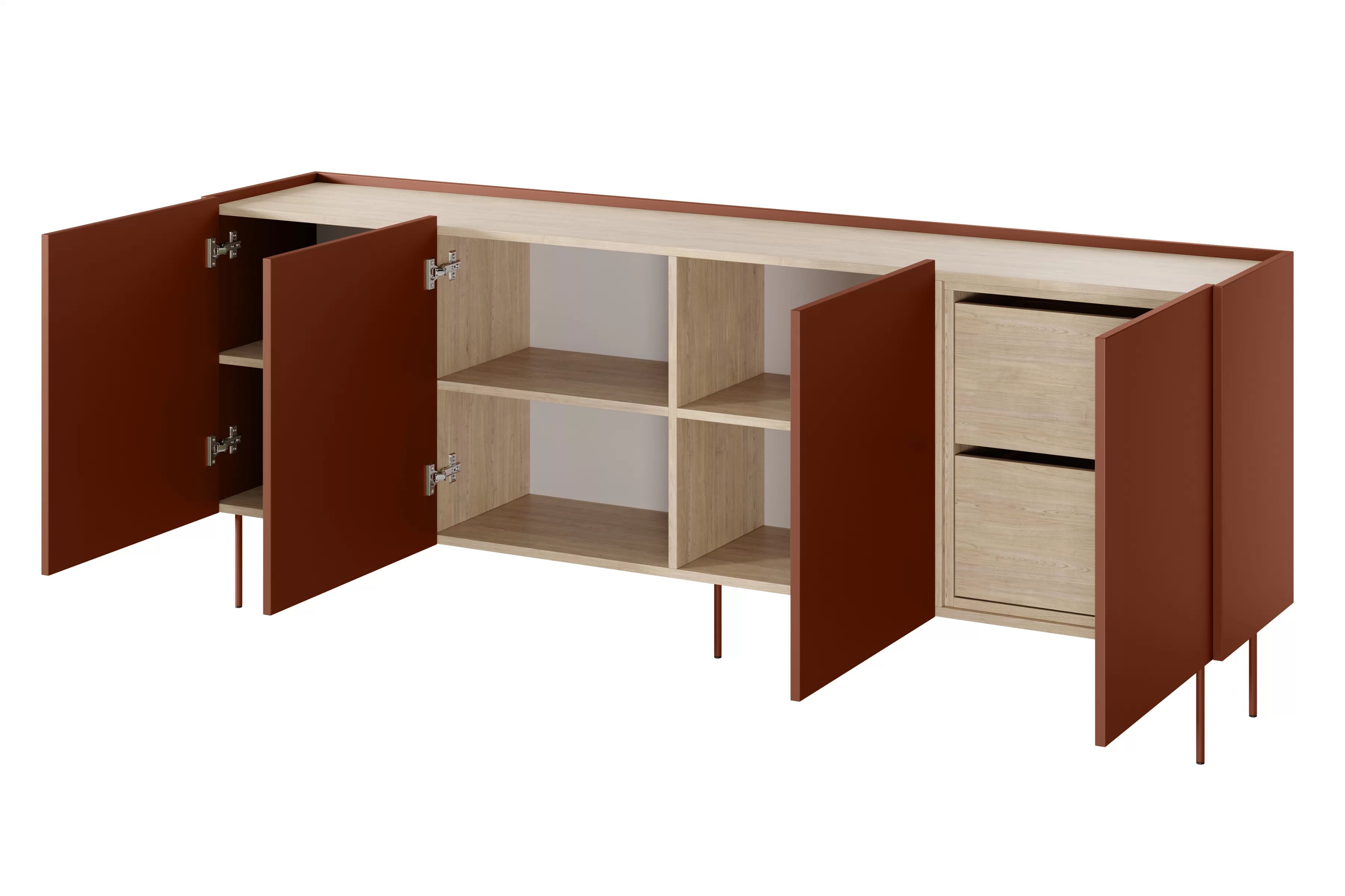 Komoda Desin 220 cm se dvěma skrytými zásuvkami - ceramic red / dub nagano Komoda Desin 220 cm z 2 ukrytymi zásuvkami i metalowymi nogami - ceramic red / dub nagano