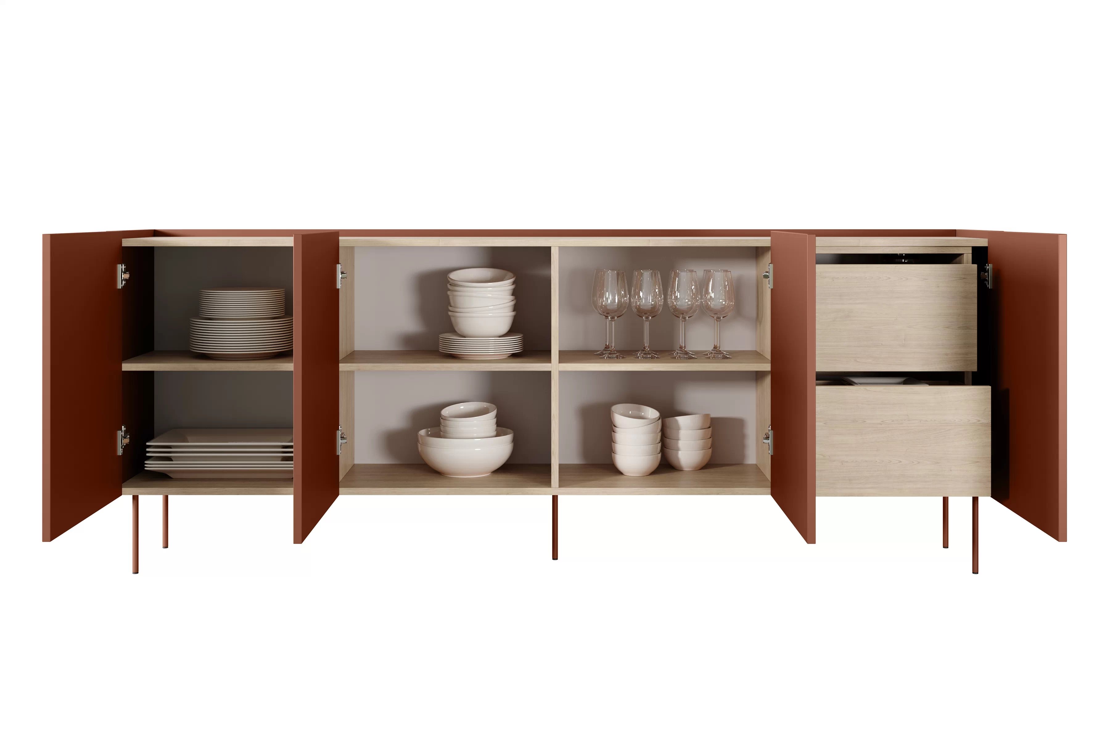 Komoda Desin 220 cm se dvěma skrytými zásuvkami - ceramic red / dub nagano Komoda Desin 220 cm z 2 ukrytymi zásuvkami i metalowymi nogami - ceramic red / dub nagano