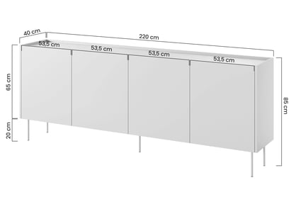 Komoda Desin 220 cm se skrytými zásuvkami - černý mat / dub nagano Komoda Desin 220 cm z 2 ukrytymi zásuvkami i metalowymi nogami - černá mat / dub nagano