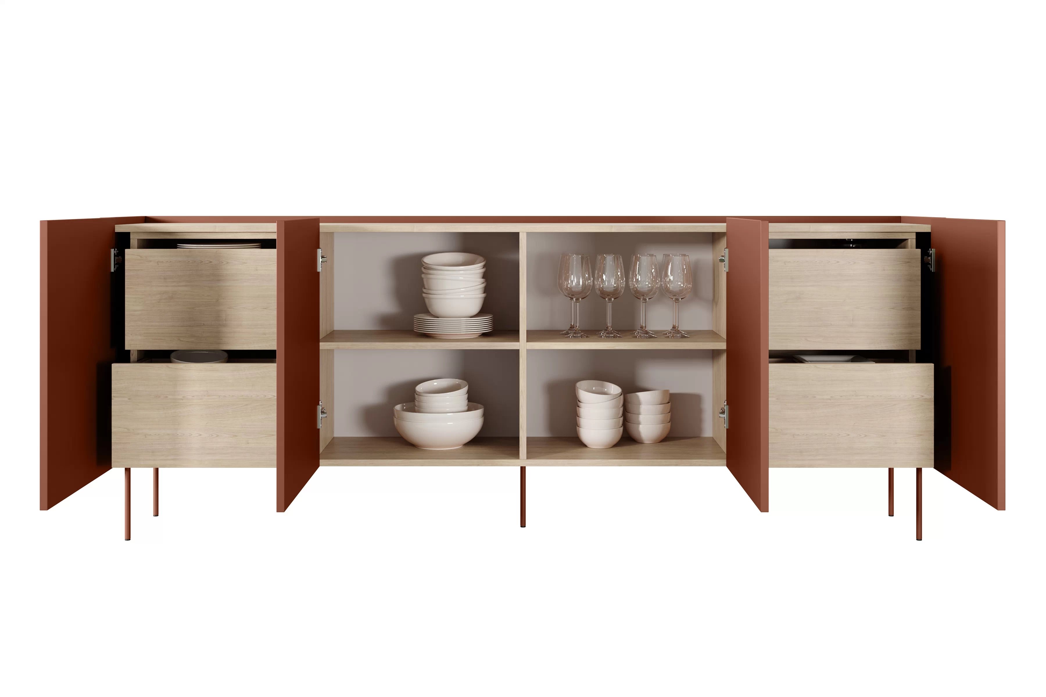 Komoda Desin 220 cm se čtyřmi skrytými zásuvkami - ceramic red / dub nagano Komoda Desin 220 cm z 4 ukrytymi zásuvkami - Červený / ceramic red / dub nagano