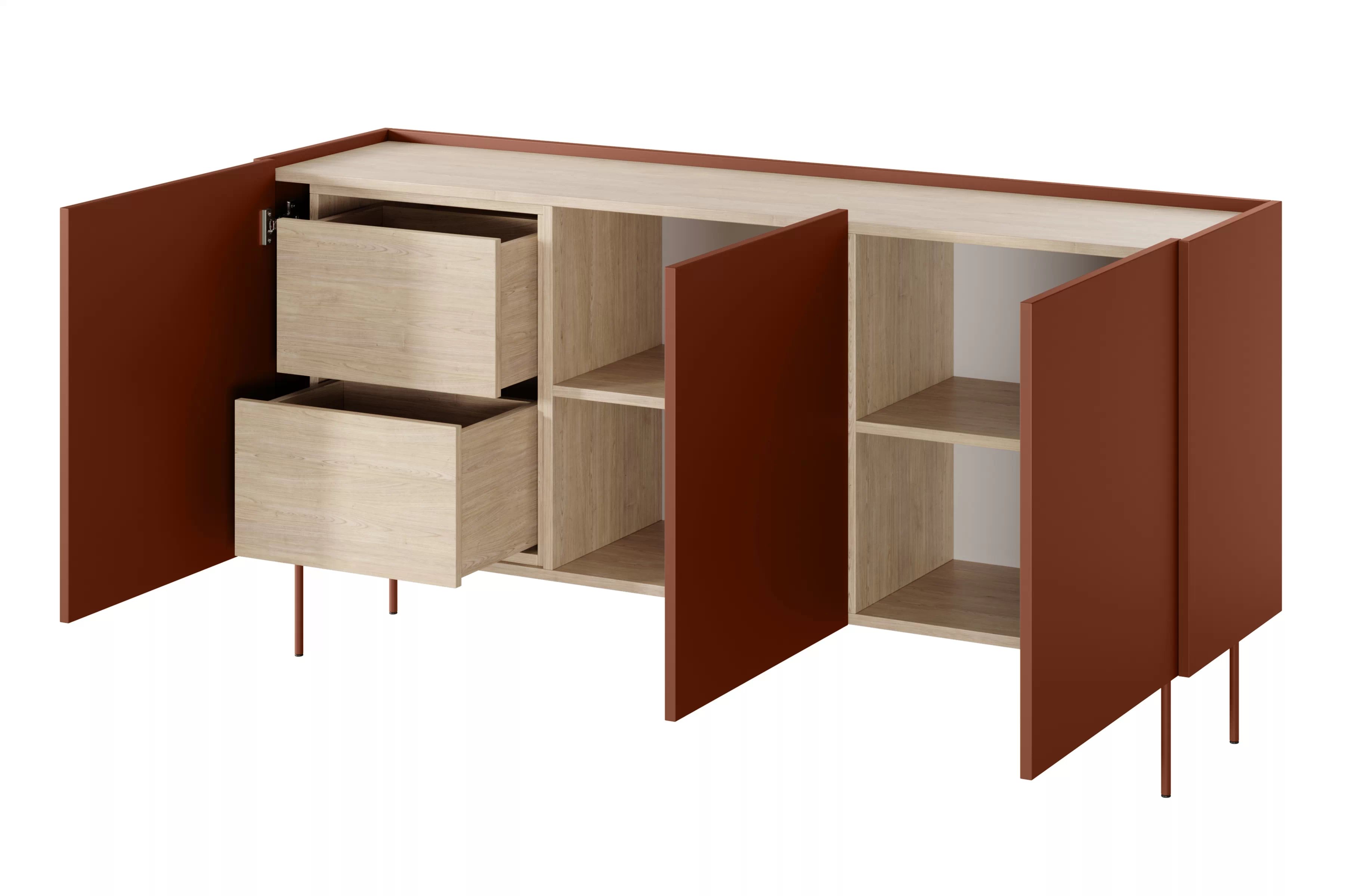 Komoda Desin 170 cm se dvěma skrytými zásuvkami - ceramic red / dub nagano Komoda Desin z 2 ukrytymi zásuvkami i metalowymi nogami 170 cm - ceramic red / dub nagano