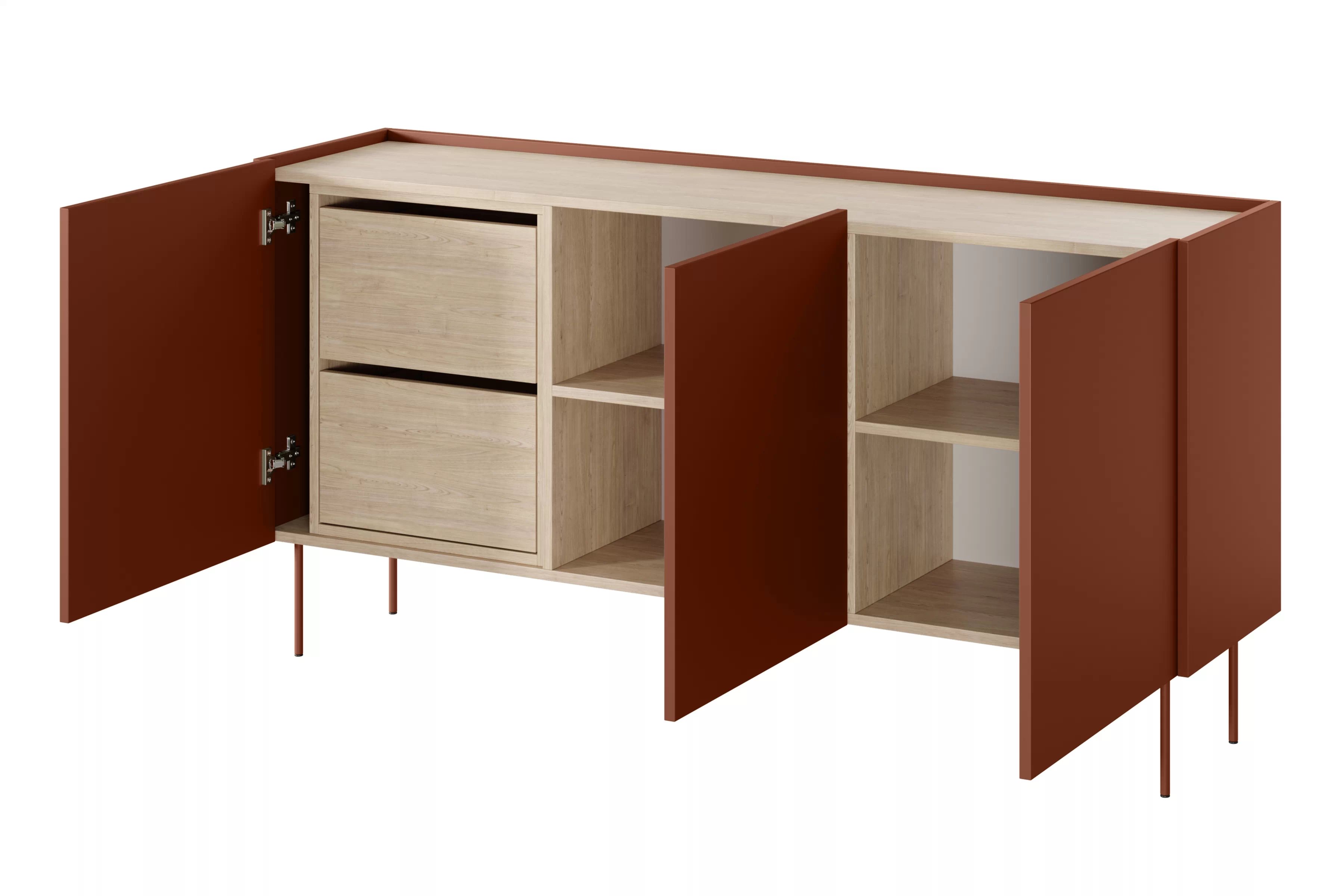 Komoda Desin 170 cm se dvěma skrytými zásuvkami - ceramic red / dub nagano Komoda Desin z 2 ukrytymi zásuvkami i metalowymi nogami 170 cm - ceramic red / dub nagano