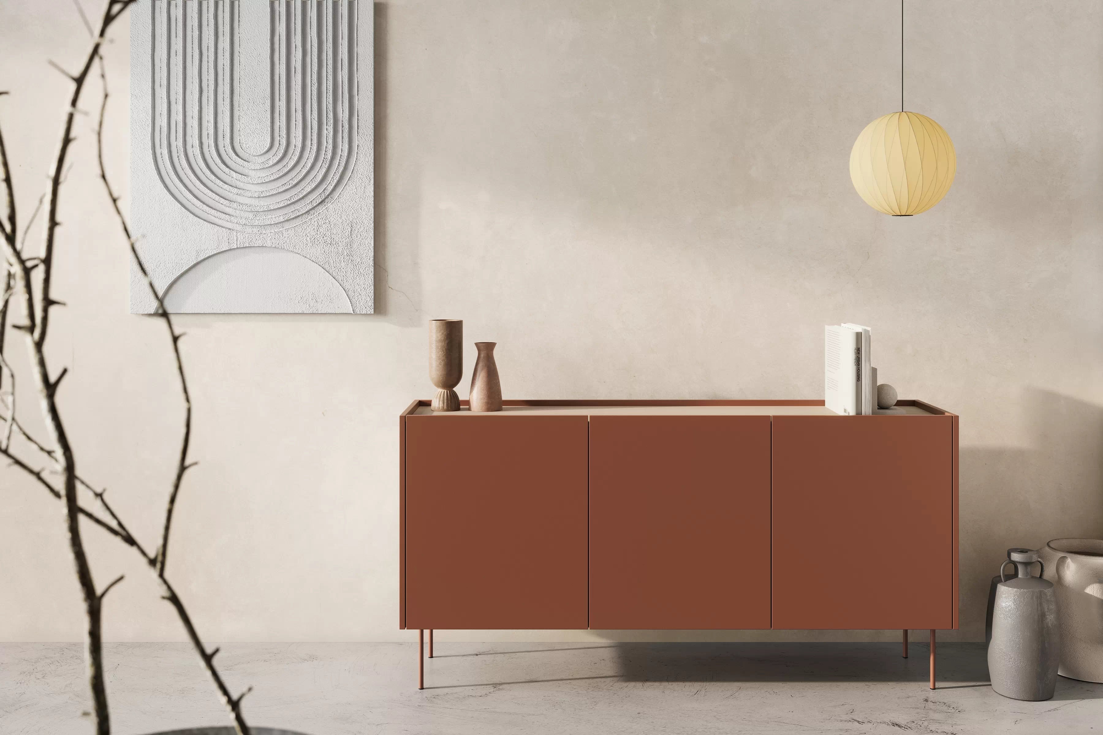 Komoda Desin 170 cm se dvěma skrytými zásuvkami - ceramic red / dub nagano Komoda Desin z 2 ukrytymi zásuvkami i metalowymi nogami 170 cm - ceramic red / dub nagano