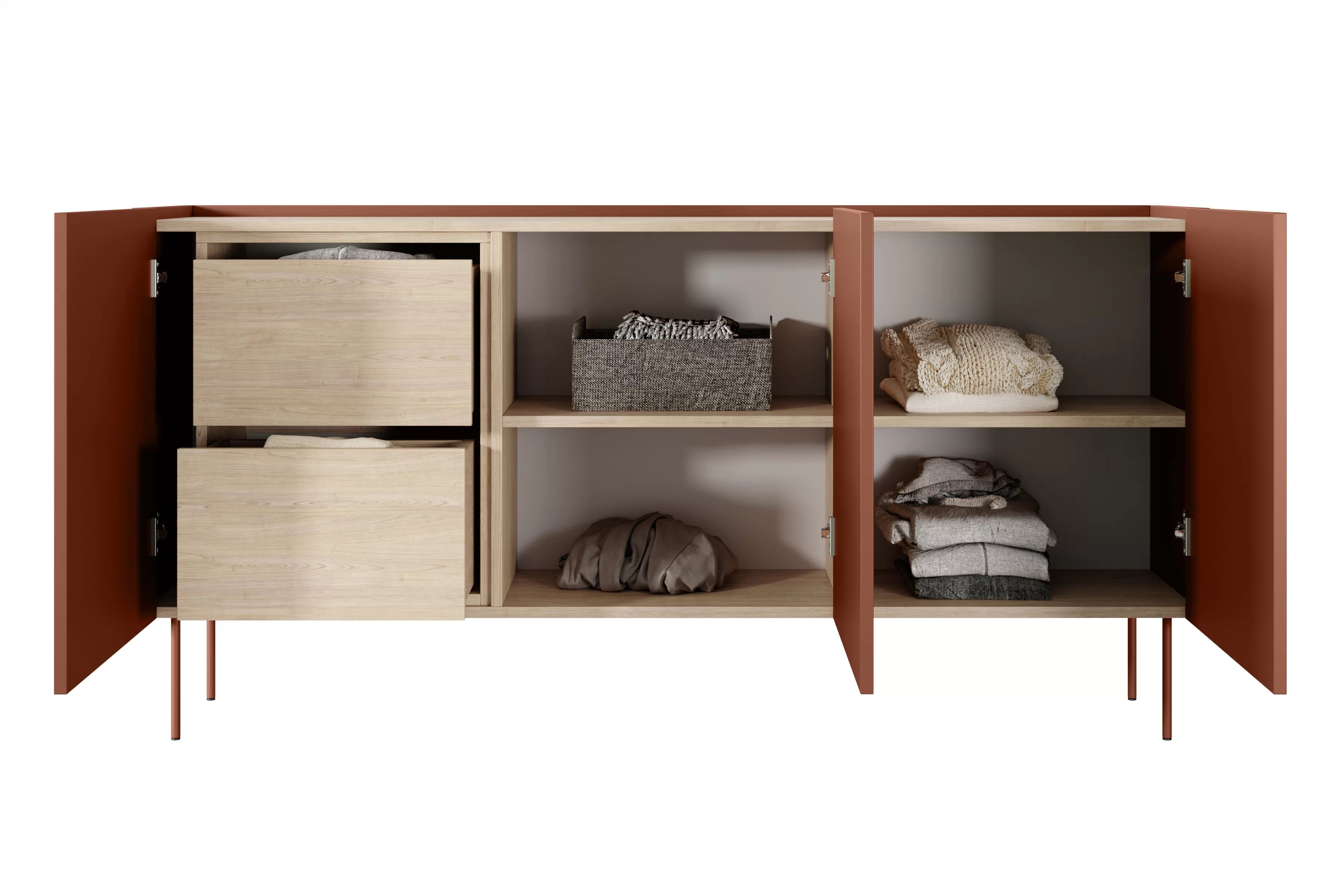 Komoda Desin 170 cm se dvěma skrytými zásuvkami - ceramic red / dub nagano Komoda Desin z 2 ukrytymi zásuvkami i metalowymi nogami 170 cm - ceramic red / dub nagano