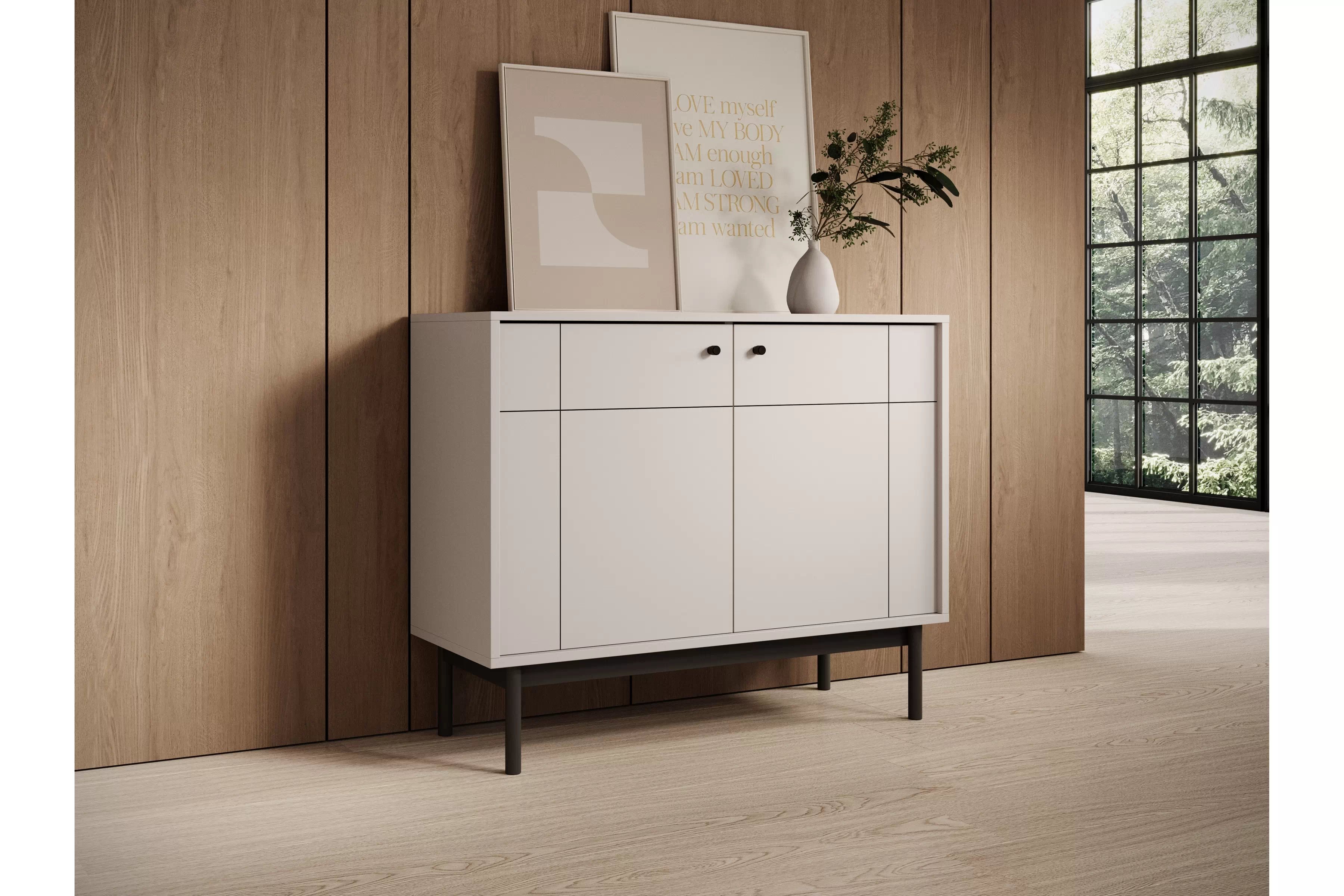 Komoda do obýváku Jolinio 104 cm - kašmír / černé nohy Komoda do obývacího pokoje Jolinio 104 cm - kašmír / černá Nohy