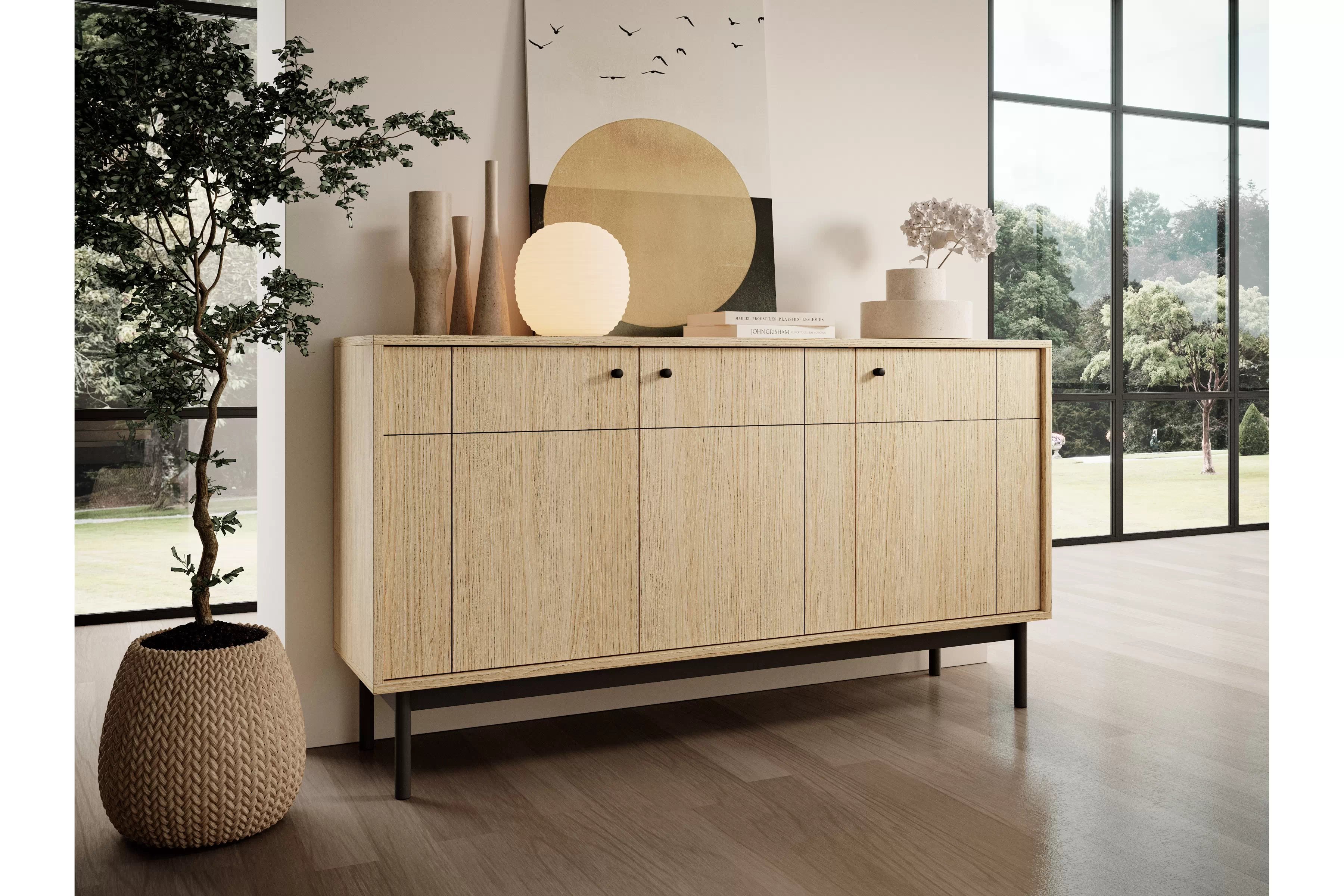 Komoda do obýváku Jolinio 154 cm - dub linea / černé nohy Komoda do obývacího pokoje Jolinio 154 cm - dub linea / černá Nohy