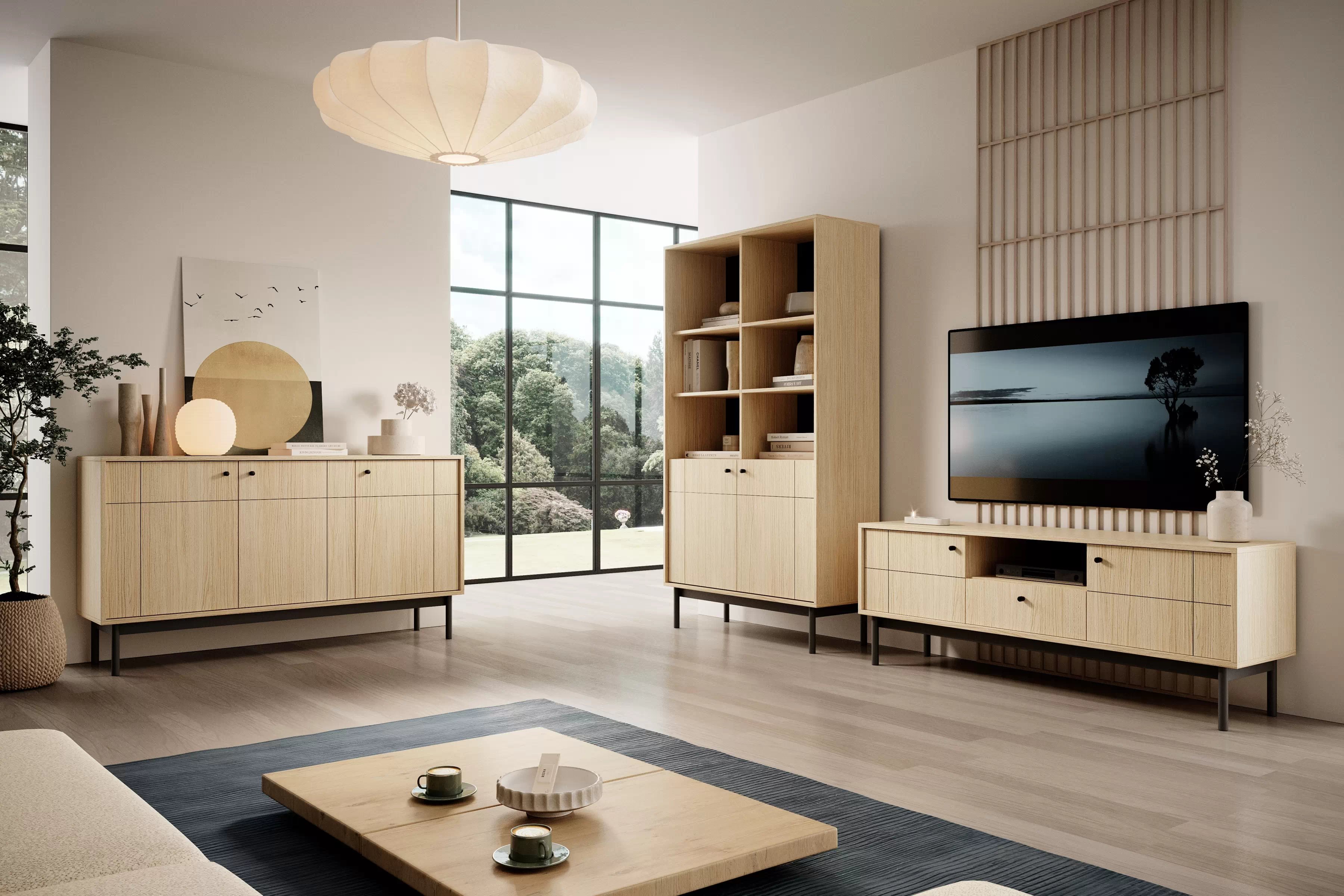 Komoda do obýváku Jolinio 154 cm - dub linea / černé nohy Komoda do obývacího pokoje Jolinio 154 cm - dub linea / černá Nohy