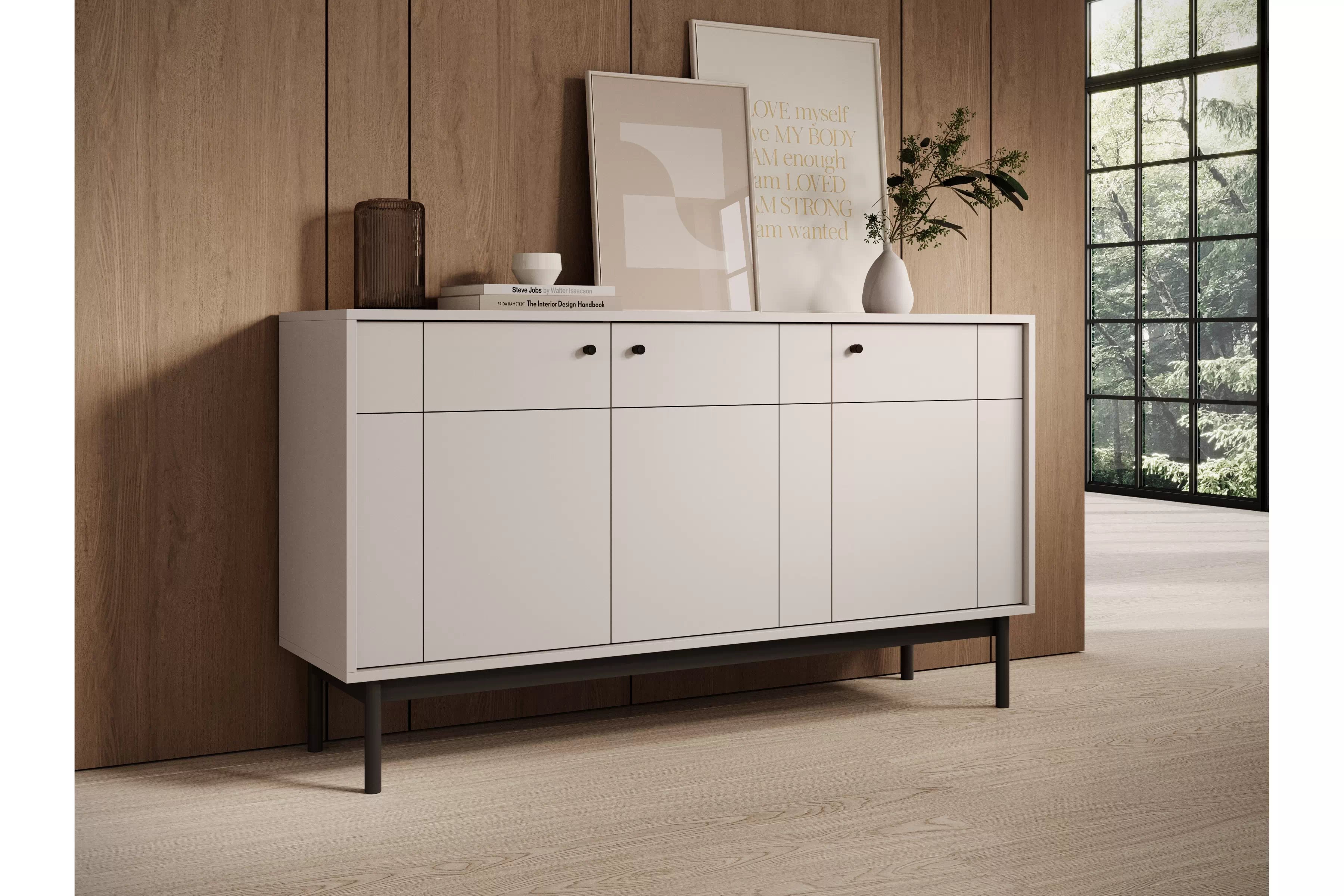 Komoda do obývačky Jolinio 154 cm - kašmír / čierne nohy Komoda do obývacej izby Jolinio 154 cm - kašmír / čierny nožičky