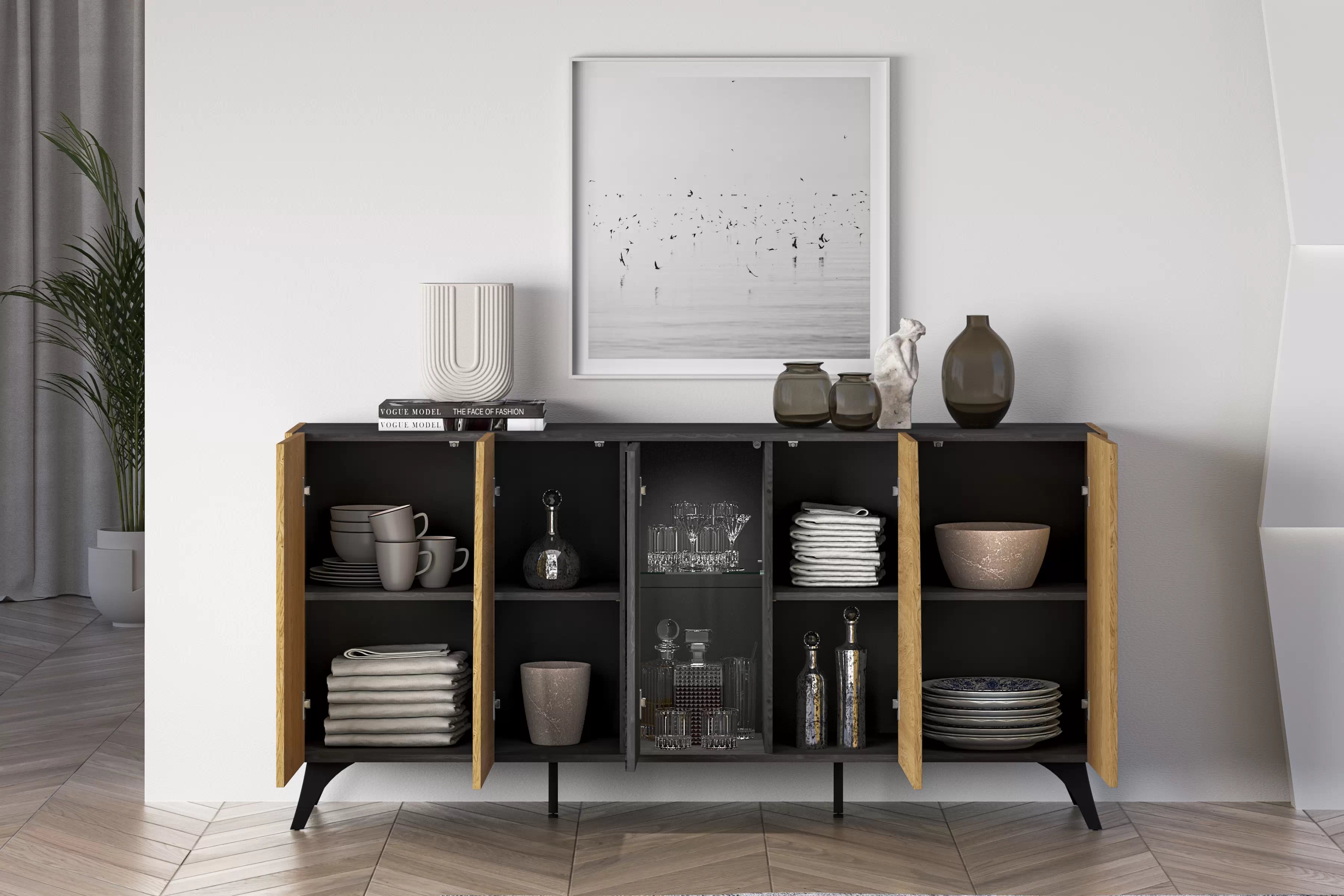 Komoda do obývačky Natina 04 170 cm - dub baltic dune / čierny jaseň portland Komoda do obývacej izby Natina 04 - 170 cm - Dub baltic dune / Jaseň portland Čierny