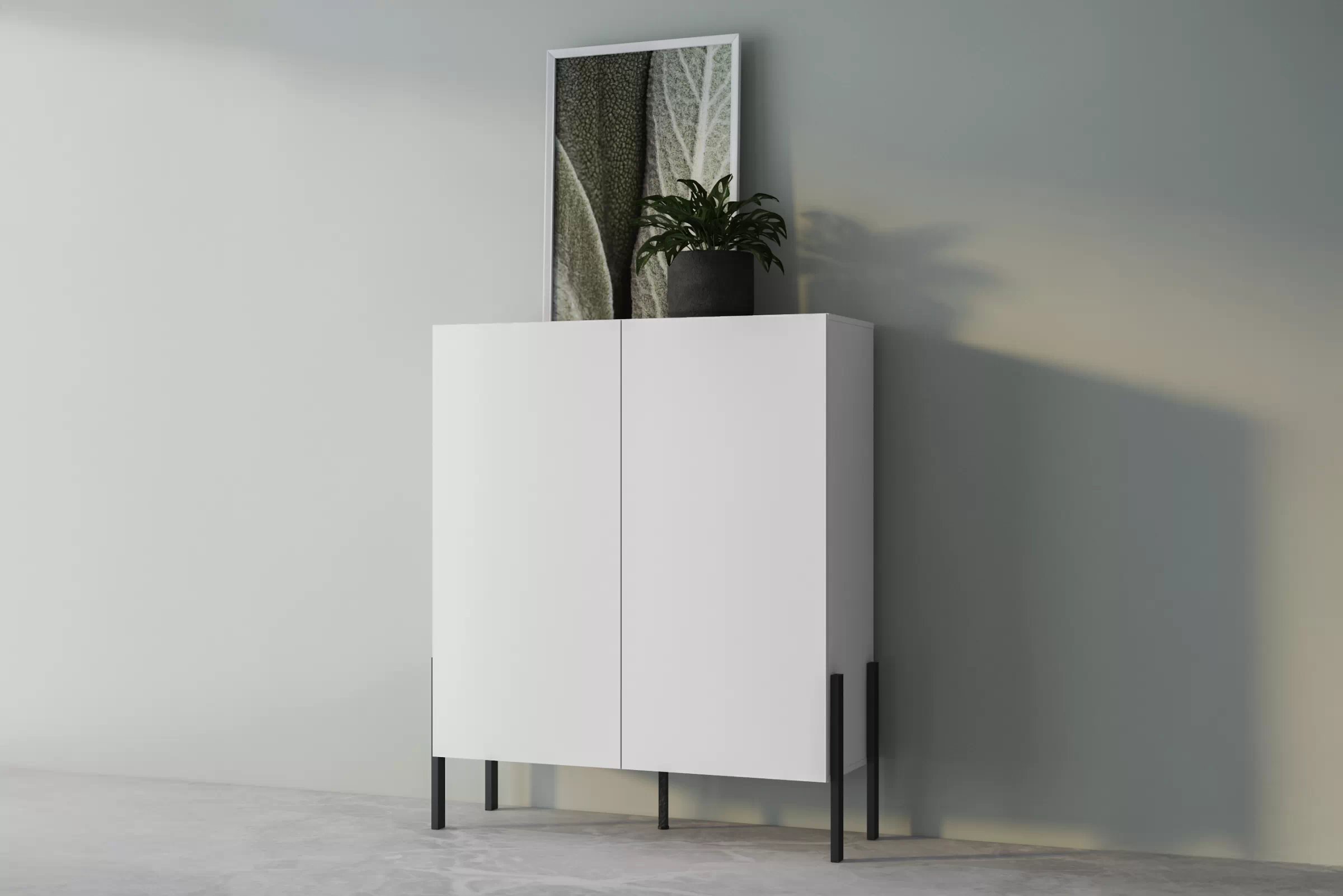 Komoda Jukon 114 cm do obývacího pokoje - bílý supermat / černé nohy Komoda pro obývacího pokoje Wezilo 42 - 114 cm - bílá supermat