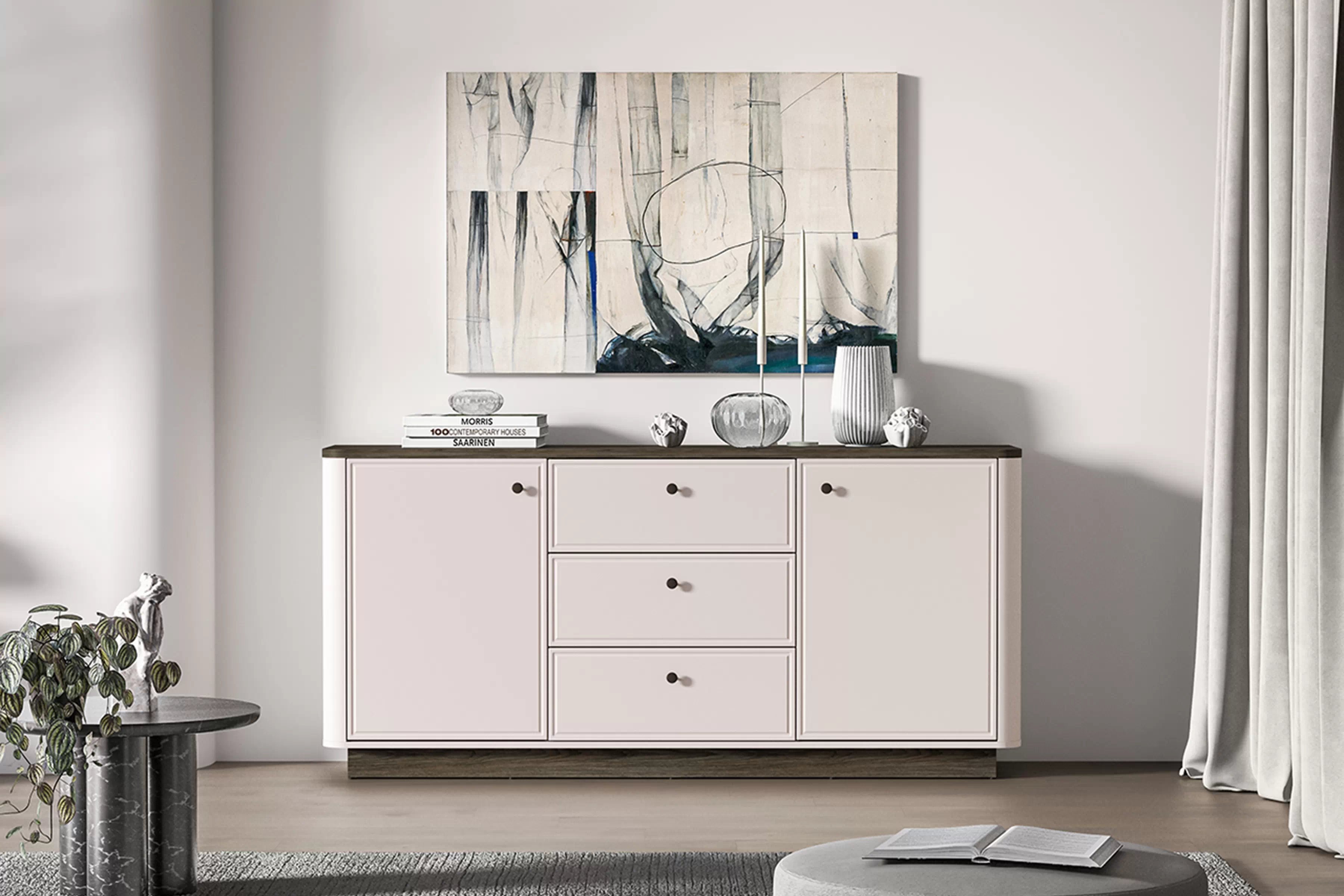 Veľká komoda Amberto 180 cm so zásuvkami - kašmír / dub windmill dark Komoda veľká Amberto 180 cm so zásuvkami - kašmír / Dub windmill dark 