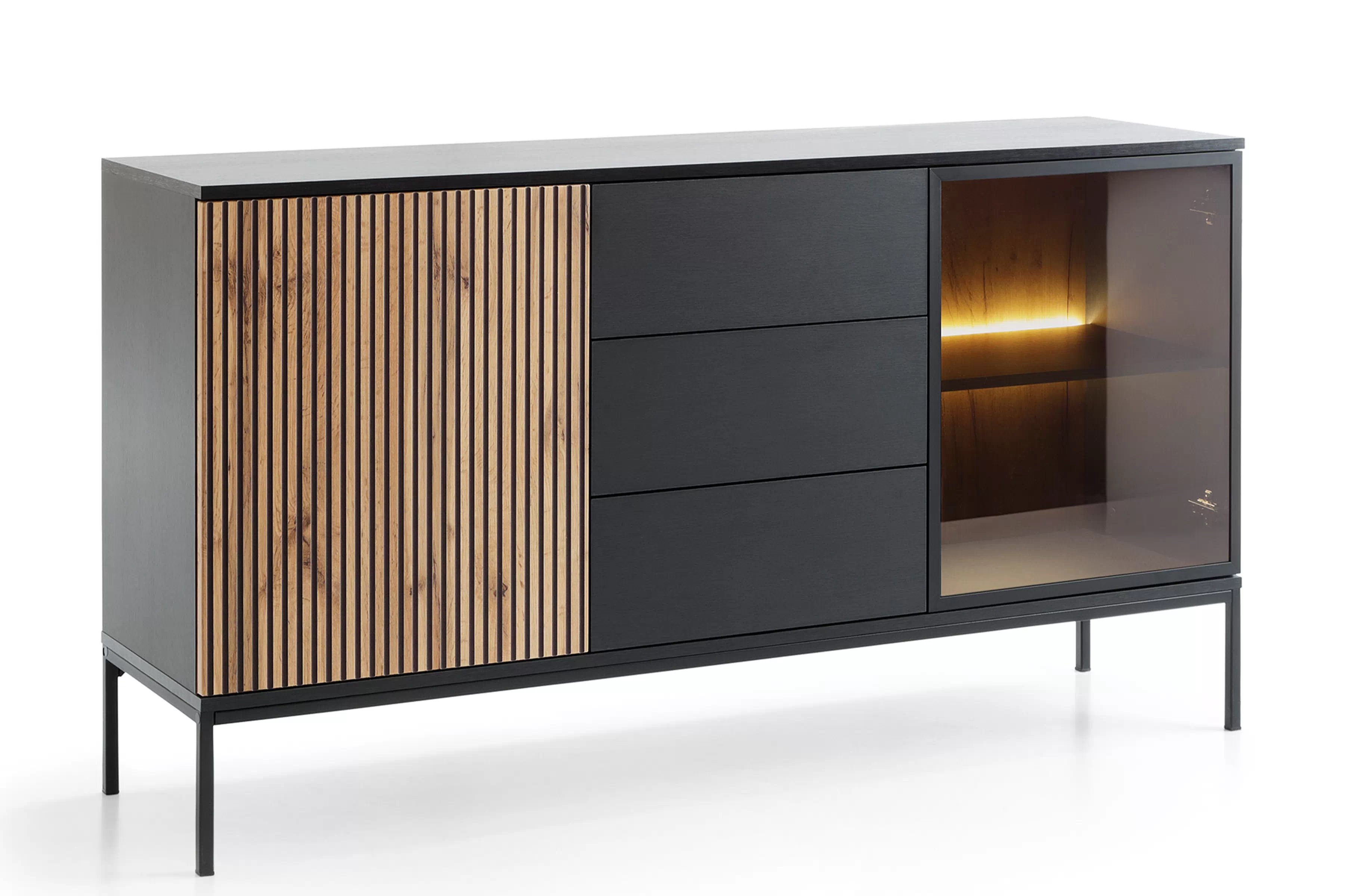 Dvojdverová komoda Bogalo 154 cm so zásuvkami a LED osvetlením - čierna / dub wotan Komoda dvojdverová Bogalo 154 cm so zásuvkami i oswietleniem LED - Čierny / Dub wotan