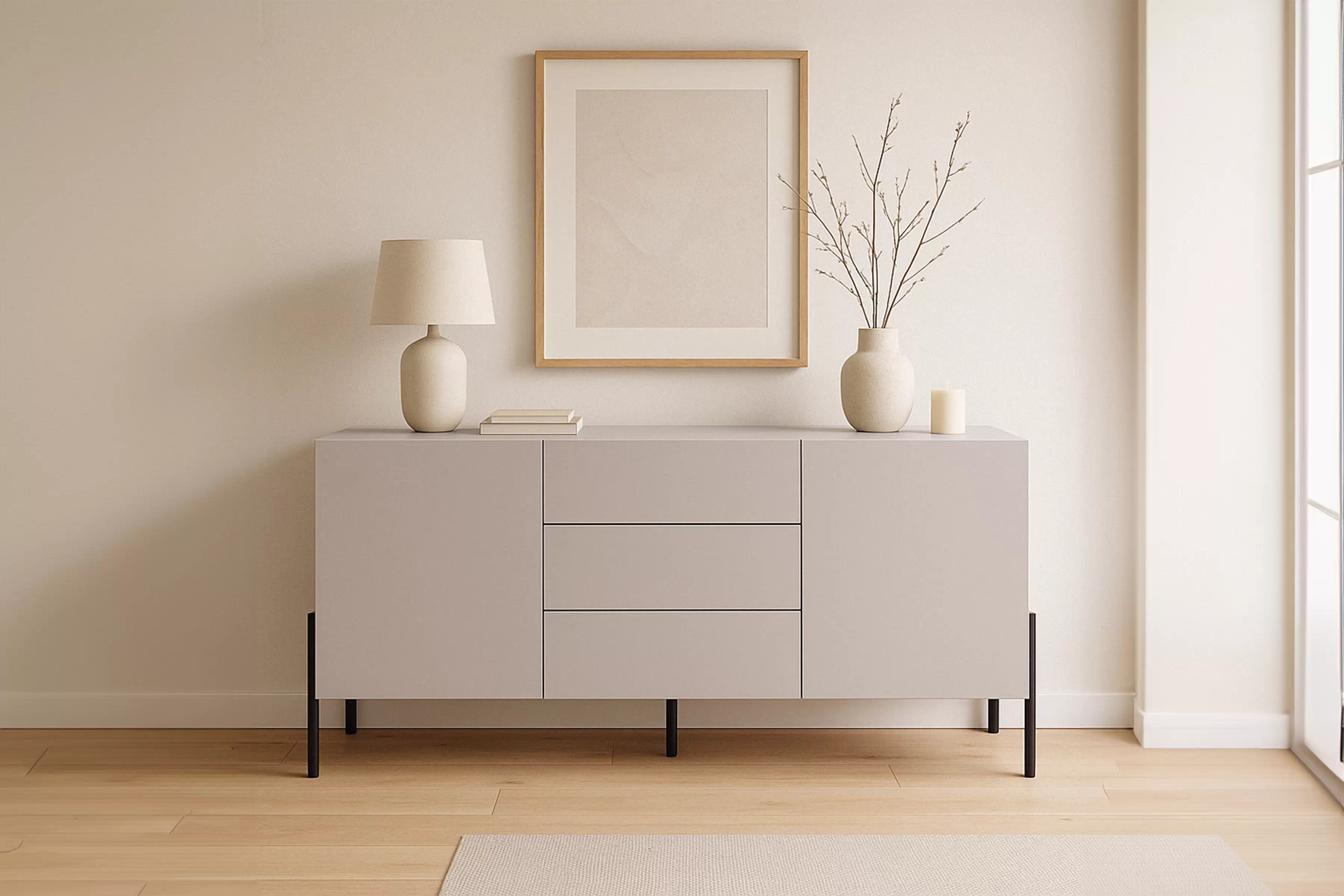 Dvojdverová komoda Jukon 184 cm so zásuvkami - kašmír / čierne nohy Komoda dvojdverová Jukon 184 cm so zásuvkami - kašmír / čierny nožičky