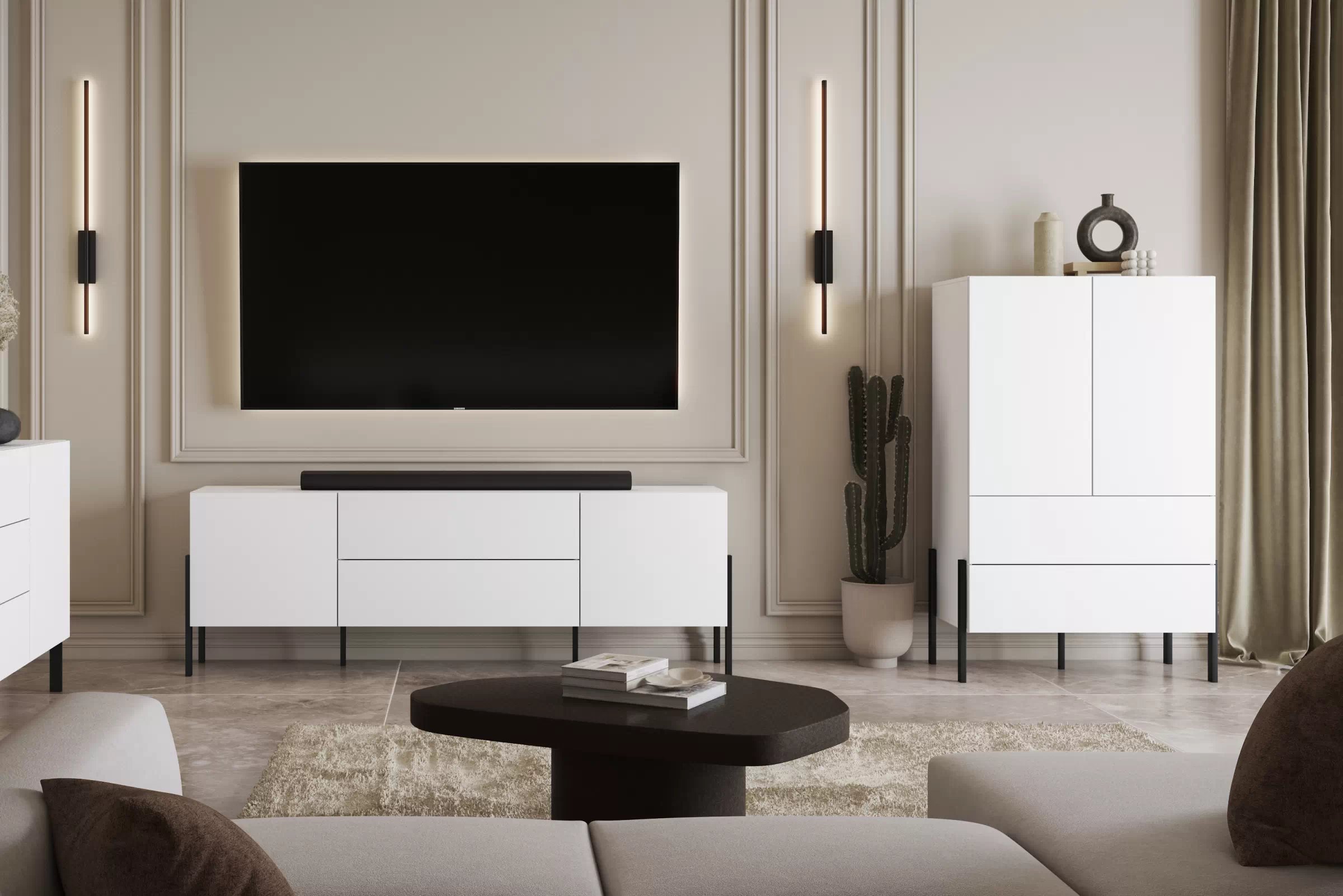 Dvojdverová komoda Jukon 90 cm so zásuvkami - biely supermat / kovové nohy Komoda dvojdverová Jukon 90 cm so zásuvkami - Biely supermat / kovové nožičky