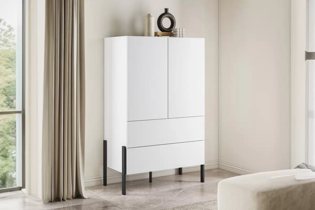 Dvojdverová komoda Jukon 90 cm so zásuvkami - biely supermat / kovové nohy Komoda dvojdverová Jukon 90 cm so zásuvkami - Biely supermat / kovové nožičky