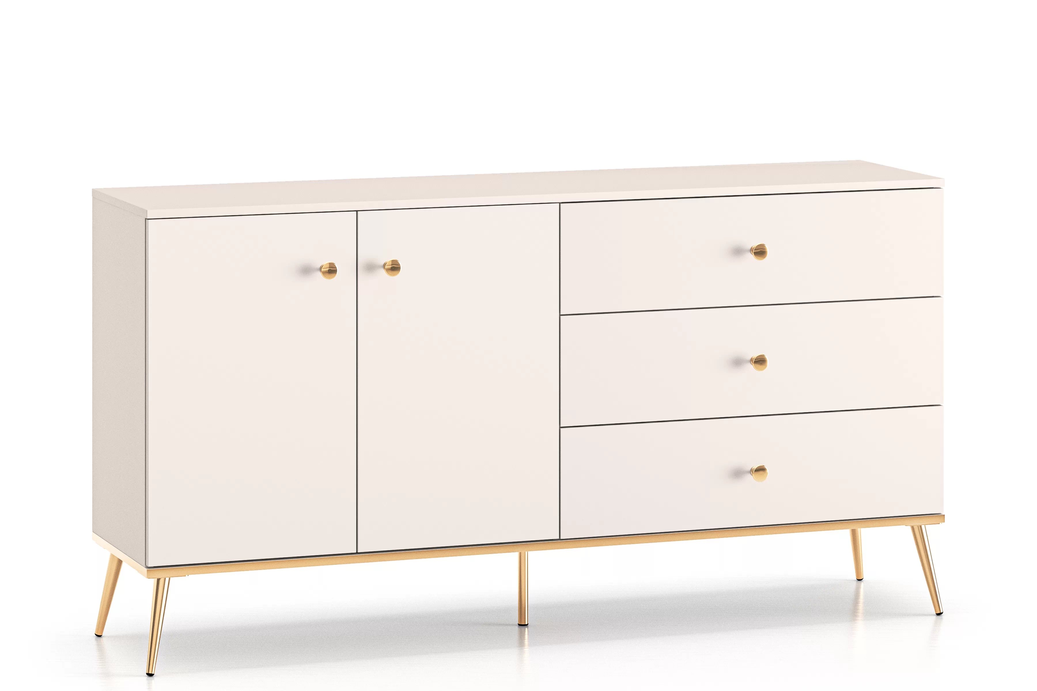 Dvoukřídlá komoda Narelli 160 cm s šuplíky - kašmír / zlaté nohy Komoda dvoudveřová Narelli 160 cm se zásuvkami - kašmír / zlote Nohy
