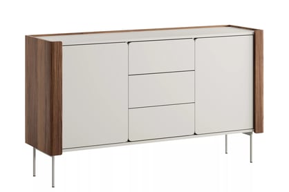 Dvoukřídlá komoda Pelavo 142 cm s šuplíky - kašmír / ořech warmia Komoda dvoudveřová Pelavo 142 cm se zásuvkami - kašmír / ořech warmia