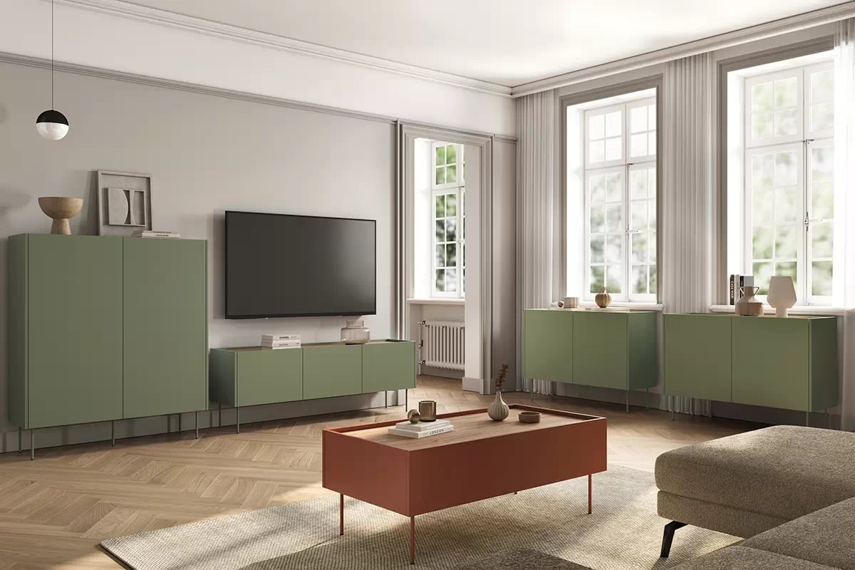 Komoda Desin 120 cm se dvěma skrytými zásuvkami - olivová / dub nagano Komoda dvoudveřová z 2 ukrytymi zásuvkami Desin 120 cm - Oliva / Dub nagano - aranzacja 1