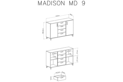 Komoda Madison MD9 se čtyřmi zásuvkami - bílá / dub piškotový Komoda dvoudveřová se čtyřmi zásuvkami Madison MD9 - Bílý / dub piškotový - Rozměry